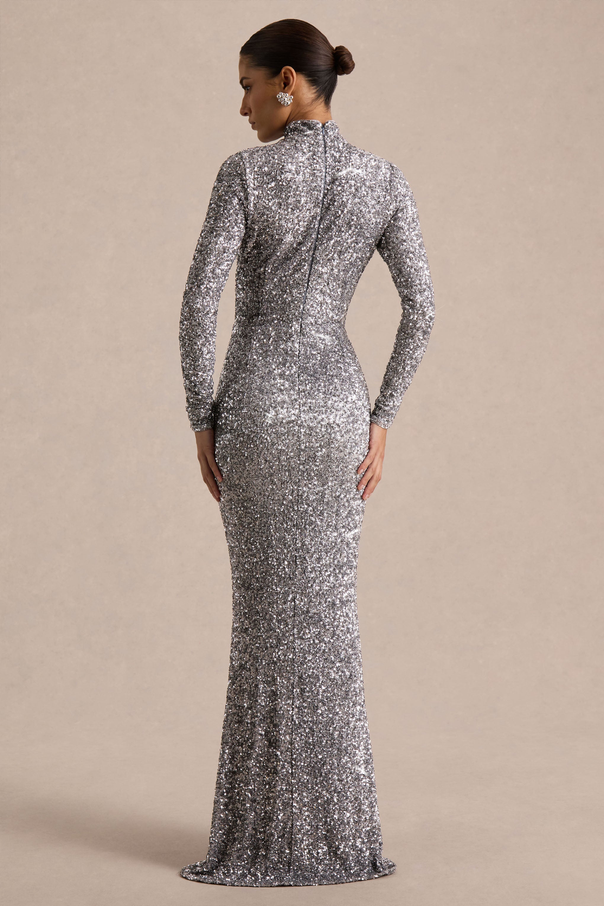 Galaxy | Silver Sequin Turtle-Neck Long-Sleeve Maxi Dress