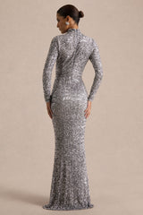 Galaxy | Silver Sequin Turtle-Neck Long-Sleeve Maxi Dress