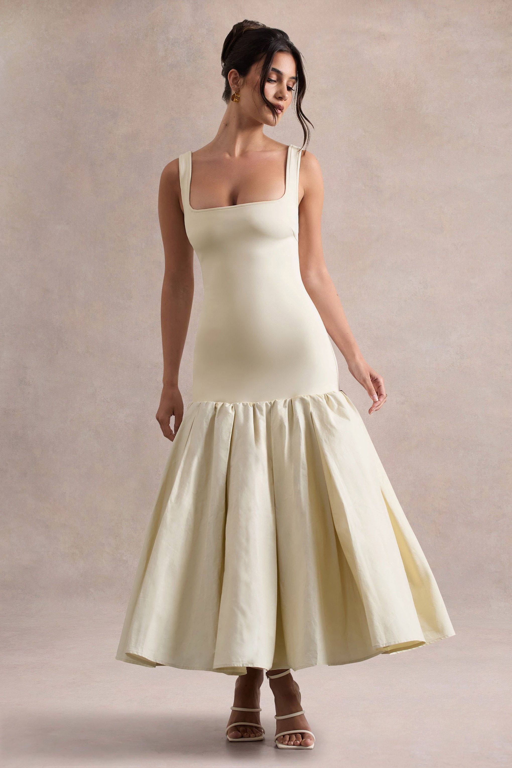 Parida | Cream Poplin Drop-Waist Midi Dress With Peplum Hem