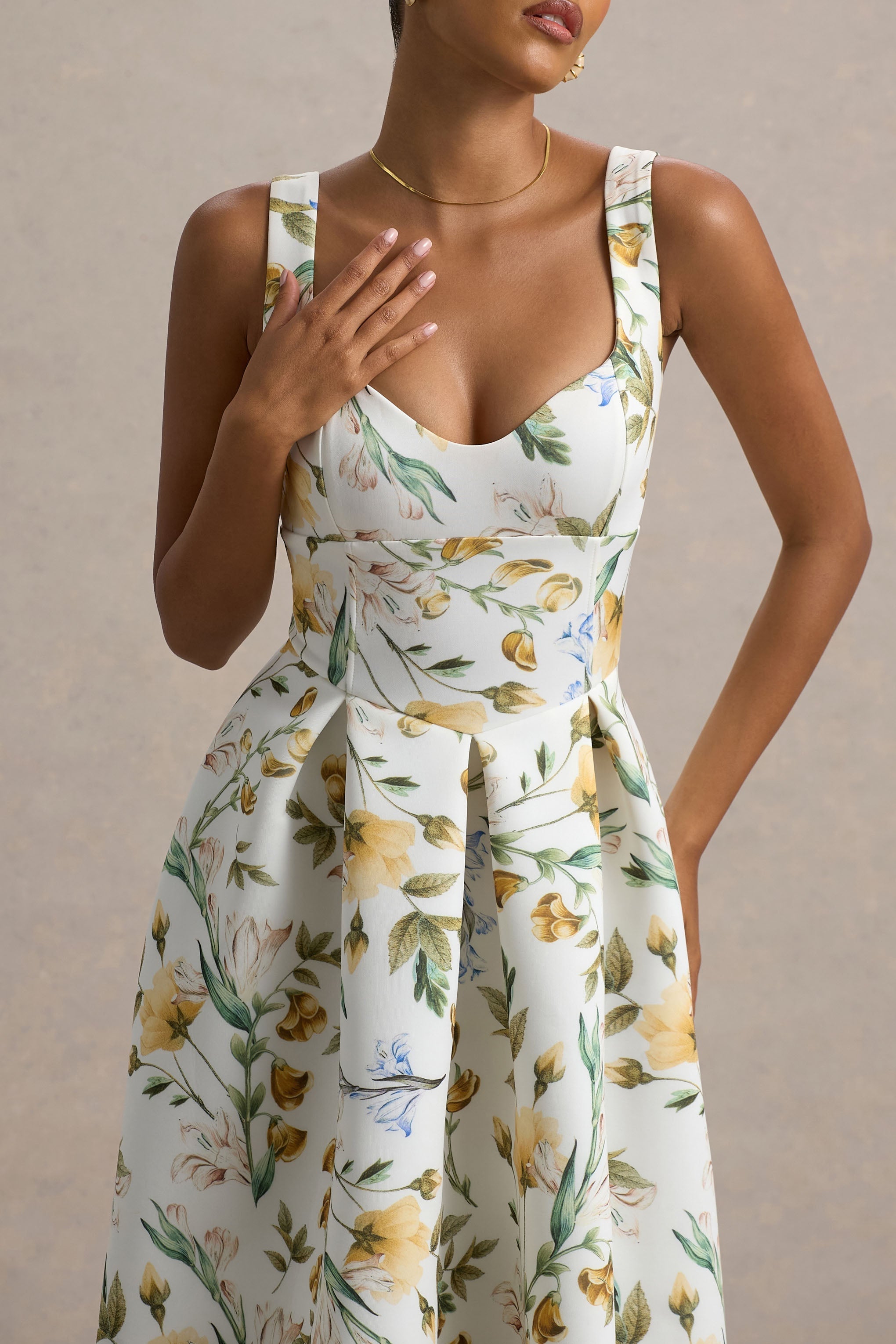 Rosemary | Floral Print Sweetheart Midi Dress With Drop Waist