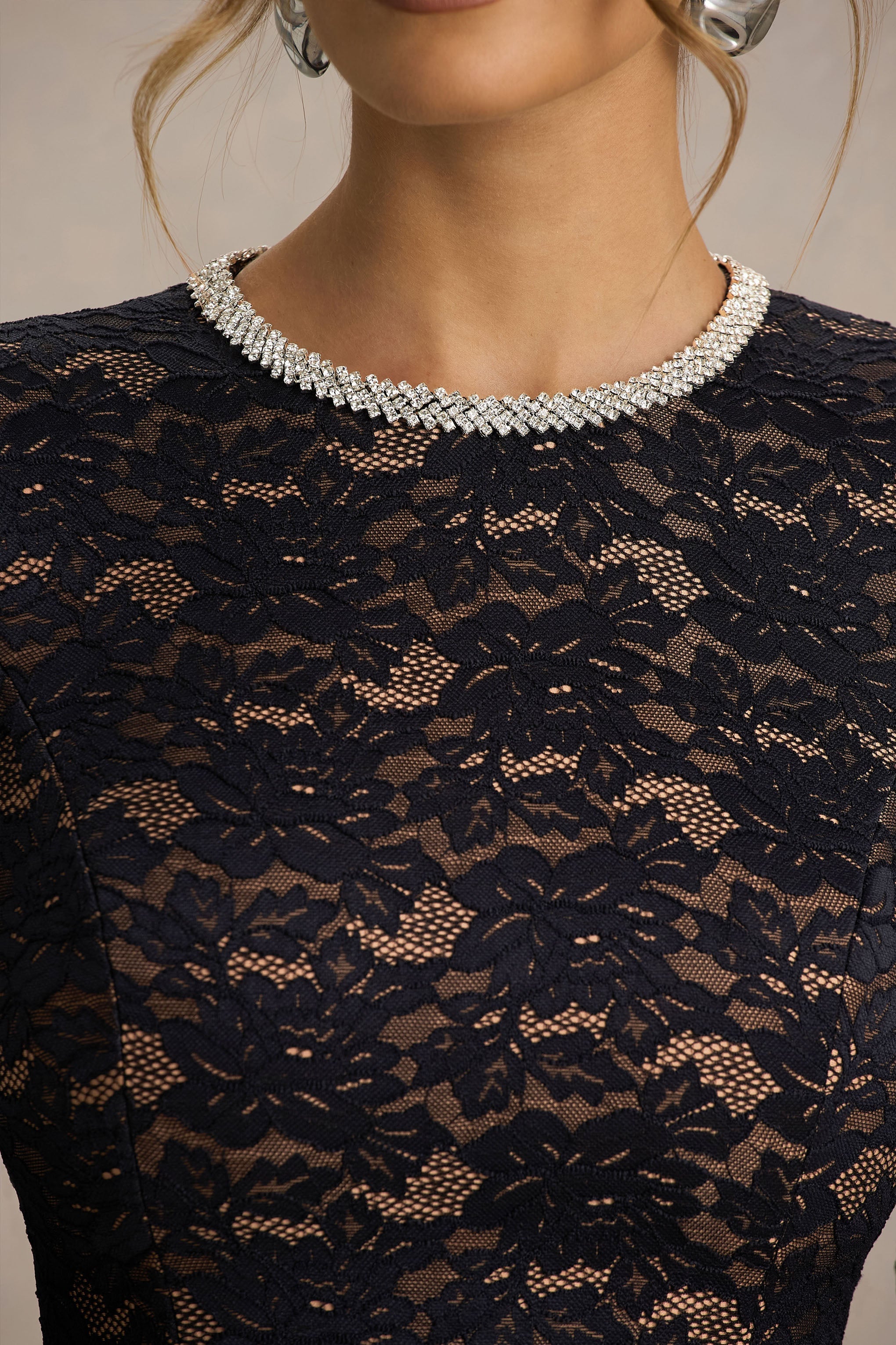 Divine | Black Lace Embellished Crew-Neck Mini Dress