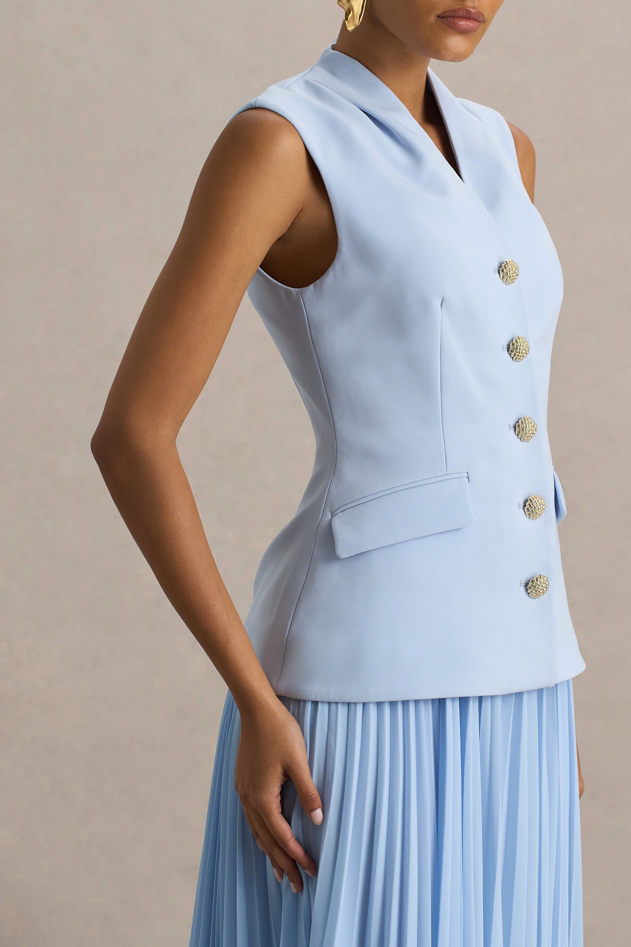 Heavenly | Powder Blue High Neck Maxi Dress With Pleated Detailing