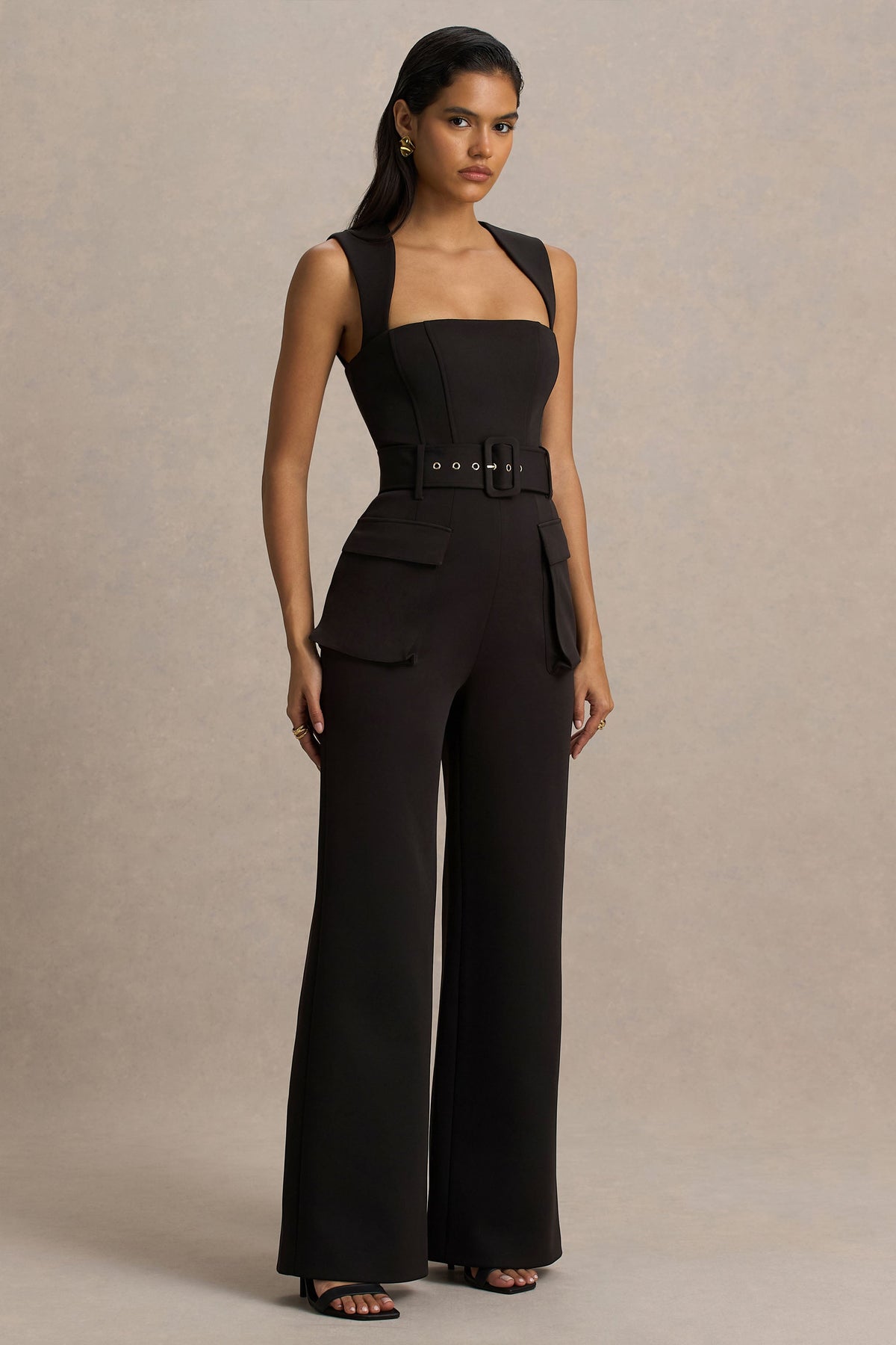 Solice | Black Square-Neck Tailored Jumpsuit