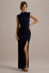 Lanetta | Navy Ruched High-Neck Maxi Dress With Split