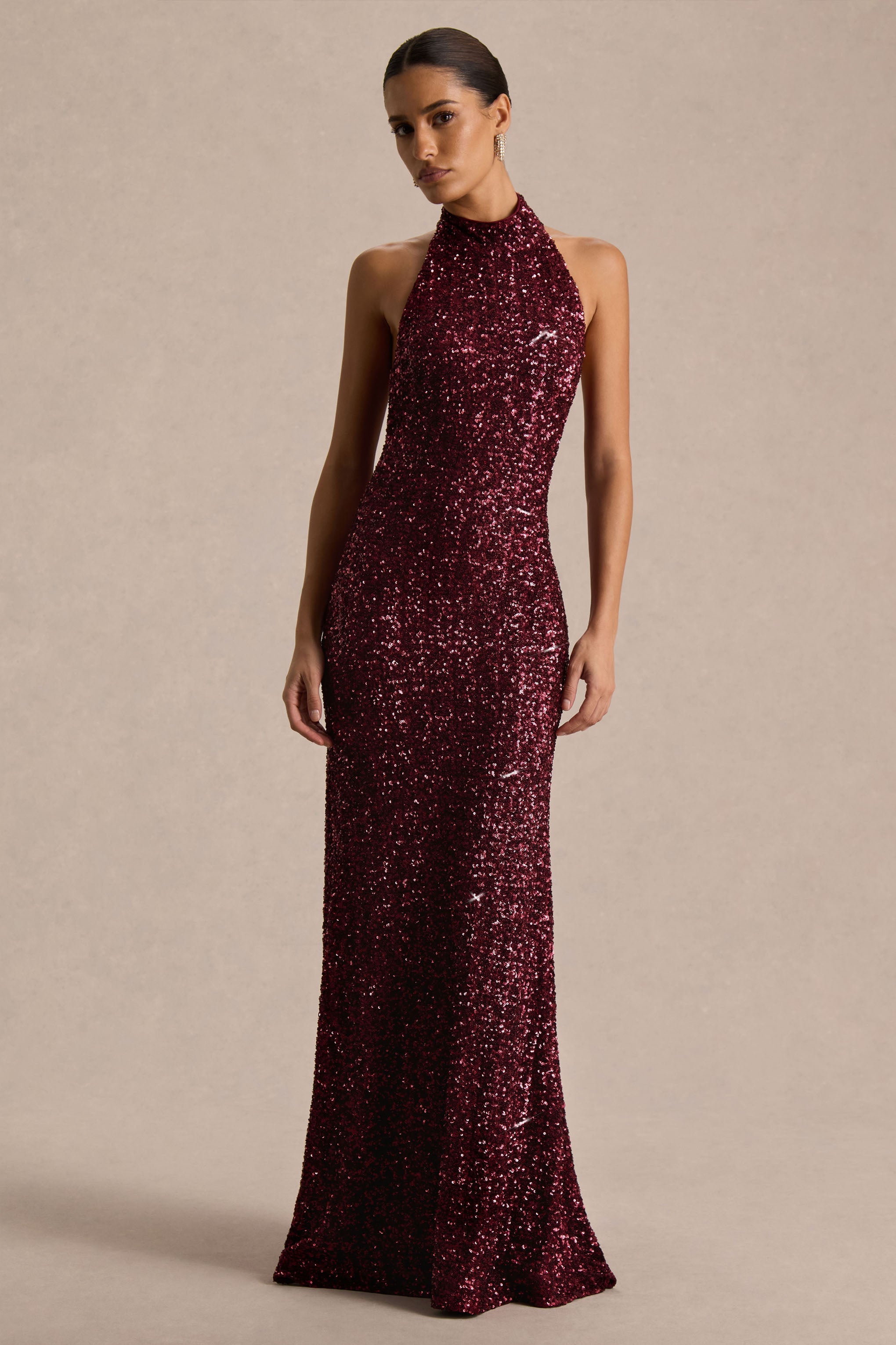 Tulia | Burgundy Sequin High-Neck Maxi Dress
