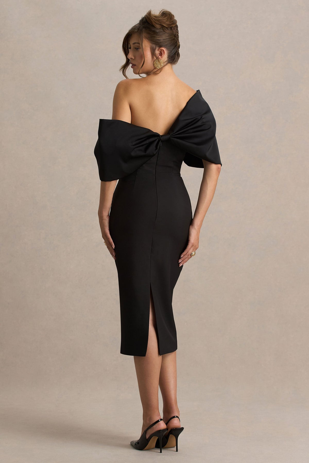 Lucille | Black Asymmetric Bardot Midi Dress With Bow Detail
