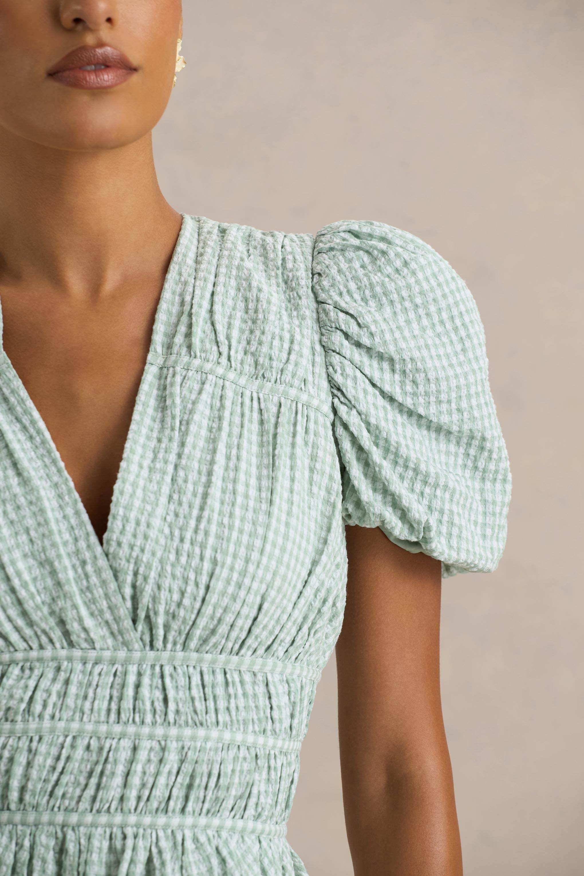 Laurelle | Green Extreme Plunge-Neck Mini Dress With Ruffling Detail