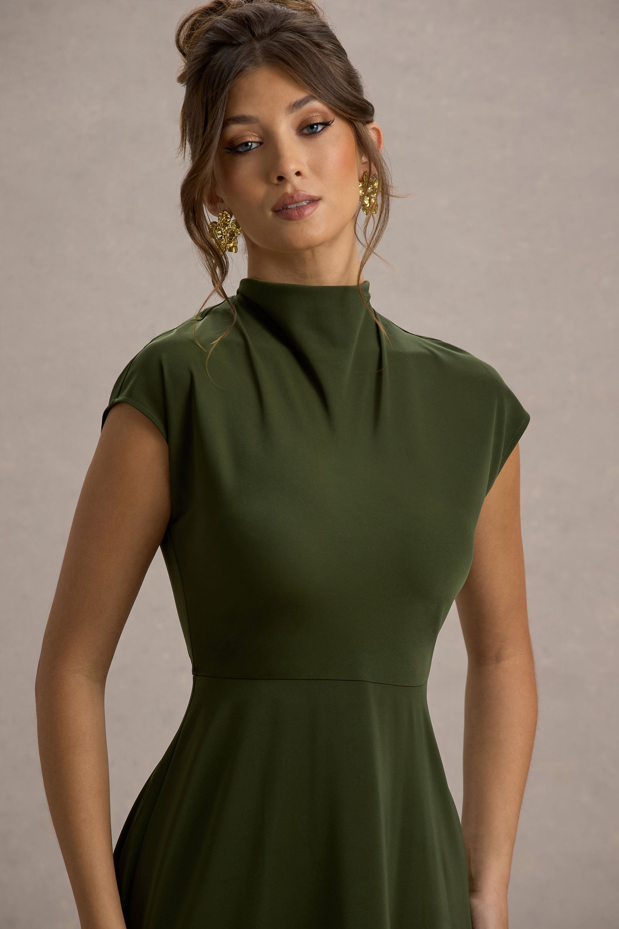 Velma | Olive Satin Midi Dress With Draped Hem