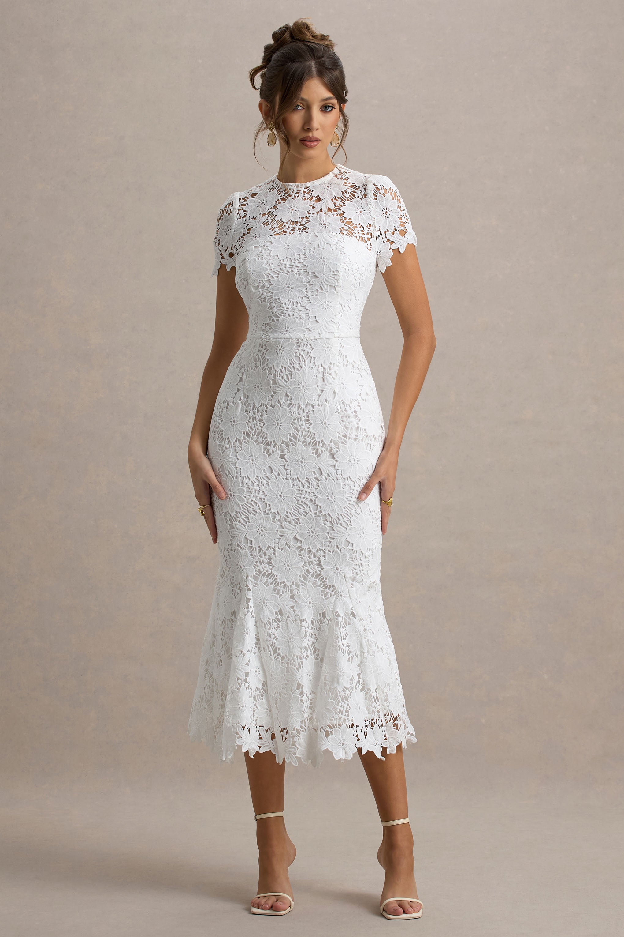 Clarissa | White Lace Short-Sleeve Pleated Midi Dress