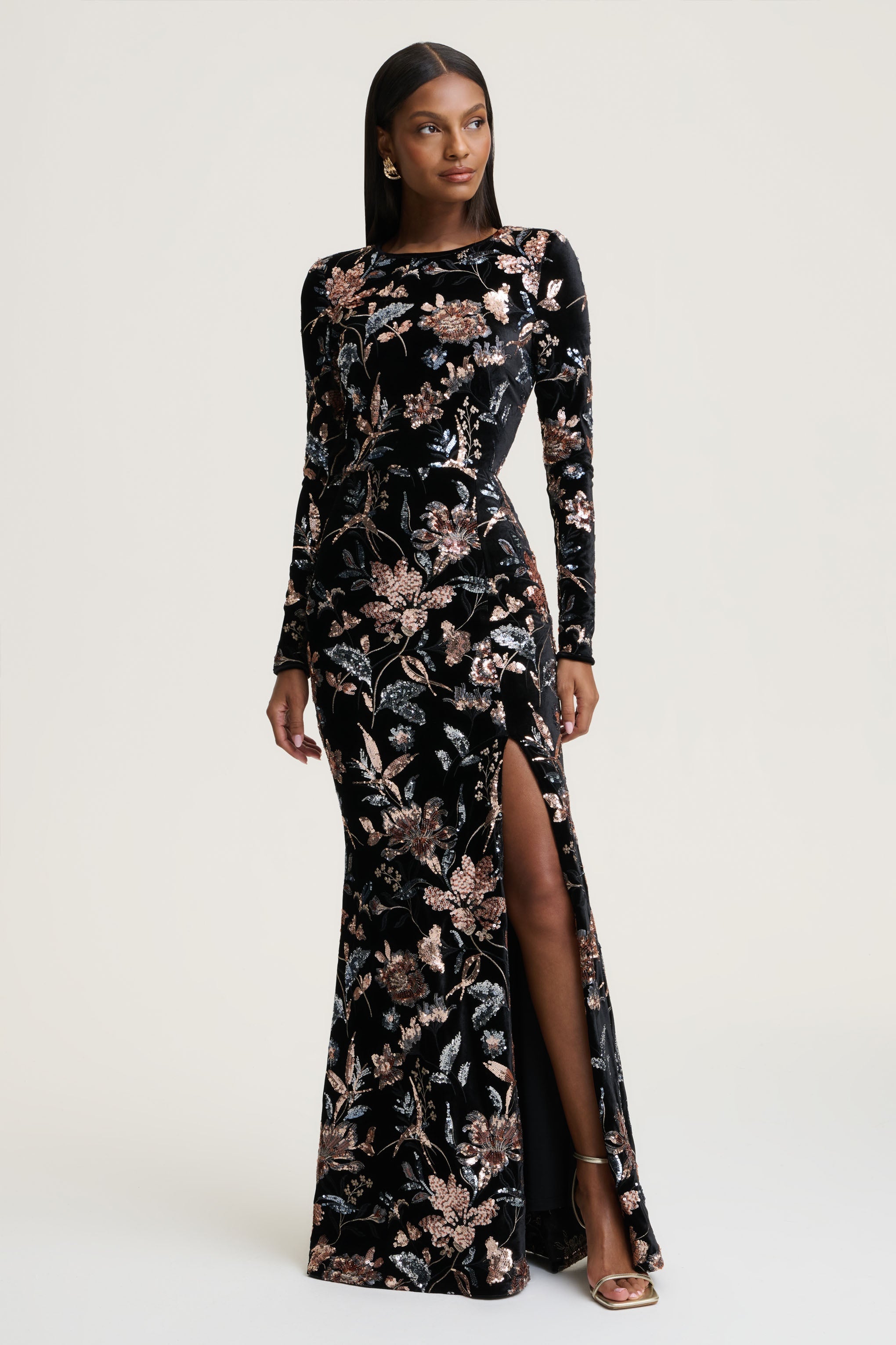 Lyric | Black Floral Velvet And Sequin Embellished Crew-Neck Maxi Dress