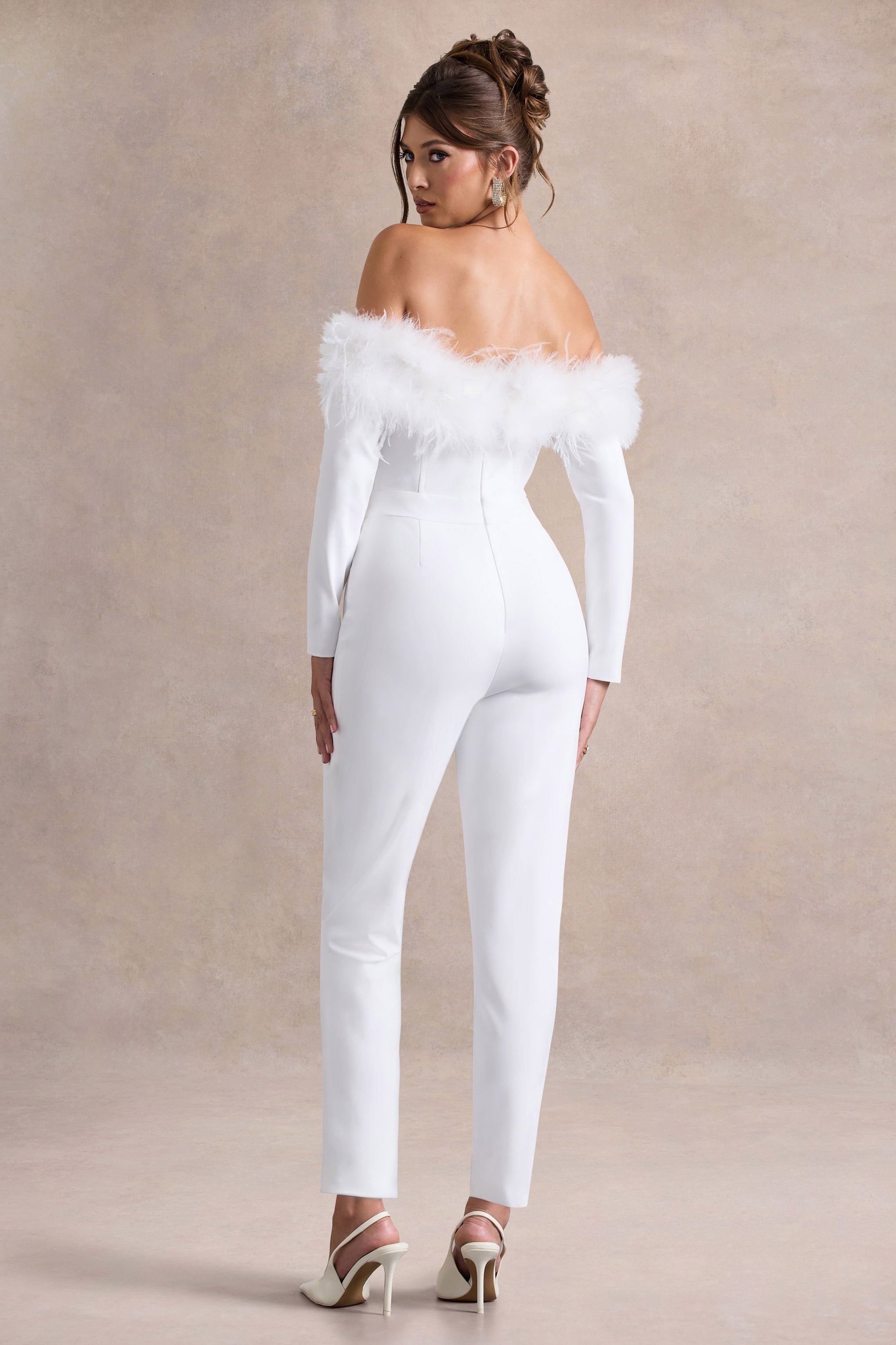 Ales | White Bardot Tailored Straight-Leg Jumpsuit With Feather Trim