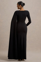 Frances | Black High-Neck Maxi Dress With Cape Detail