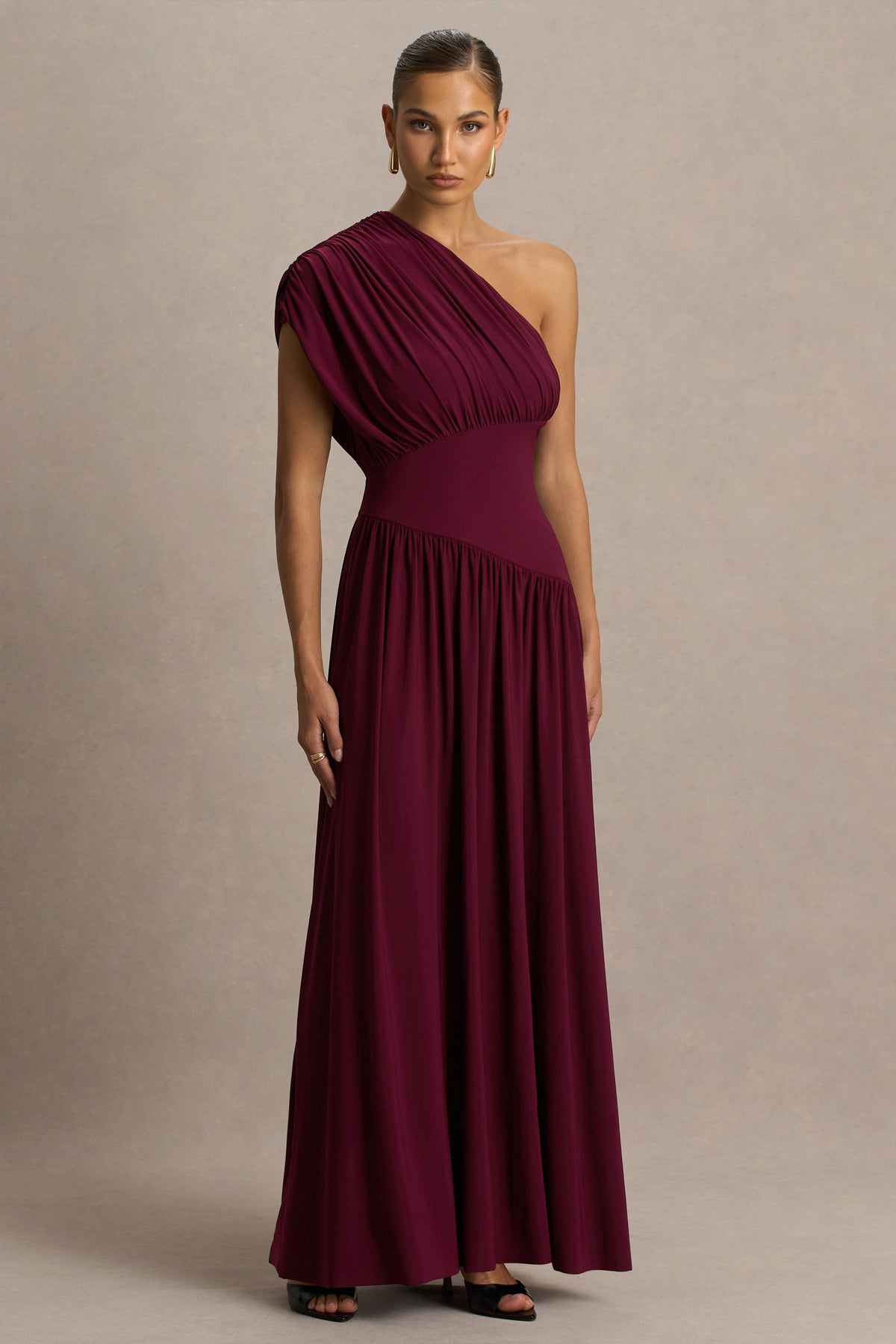 Kelsey | Burgundy Asymmetric-Neck Maxi Dress With Ruched Detailing