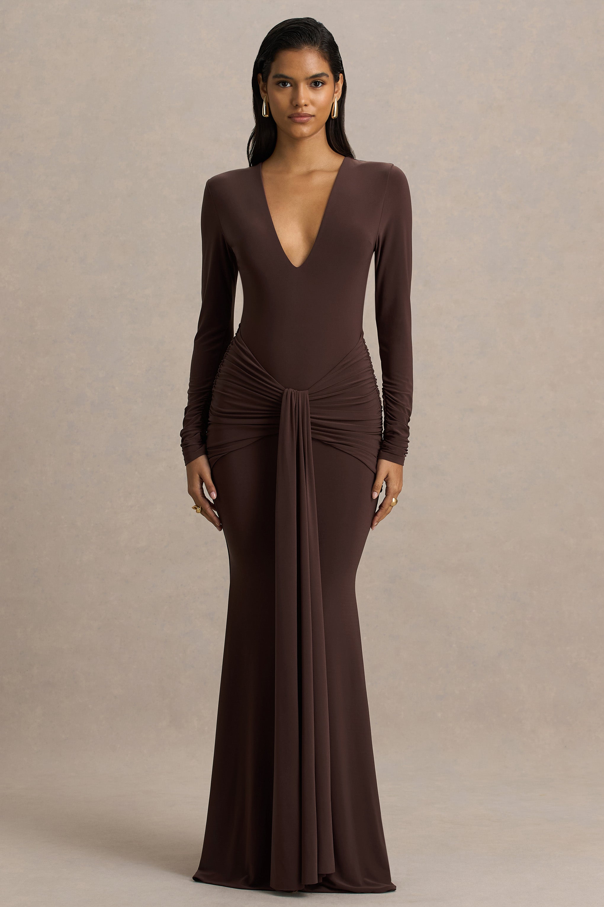 Saffie | Chocolate Extreme-Plunge Wrap Maxi Dress With Long-Sleeves And Ruched Detailing