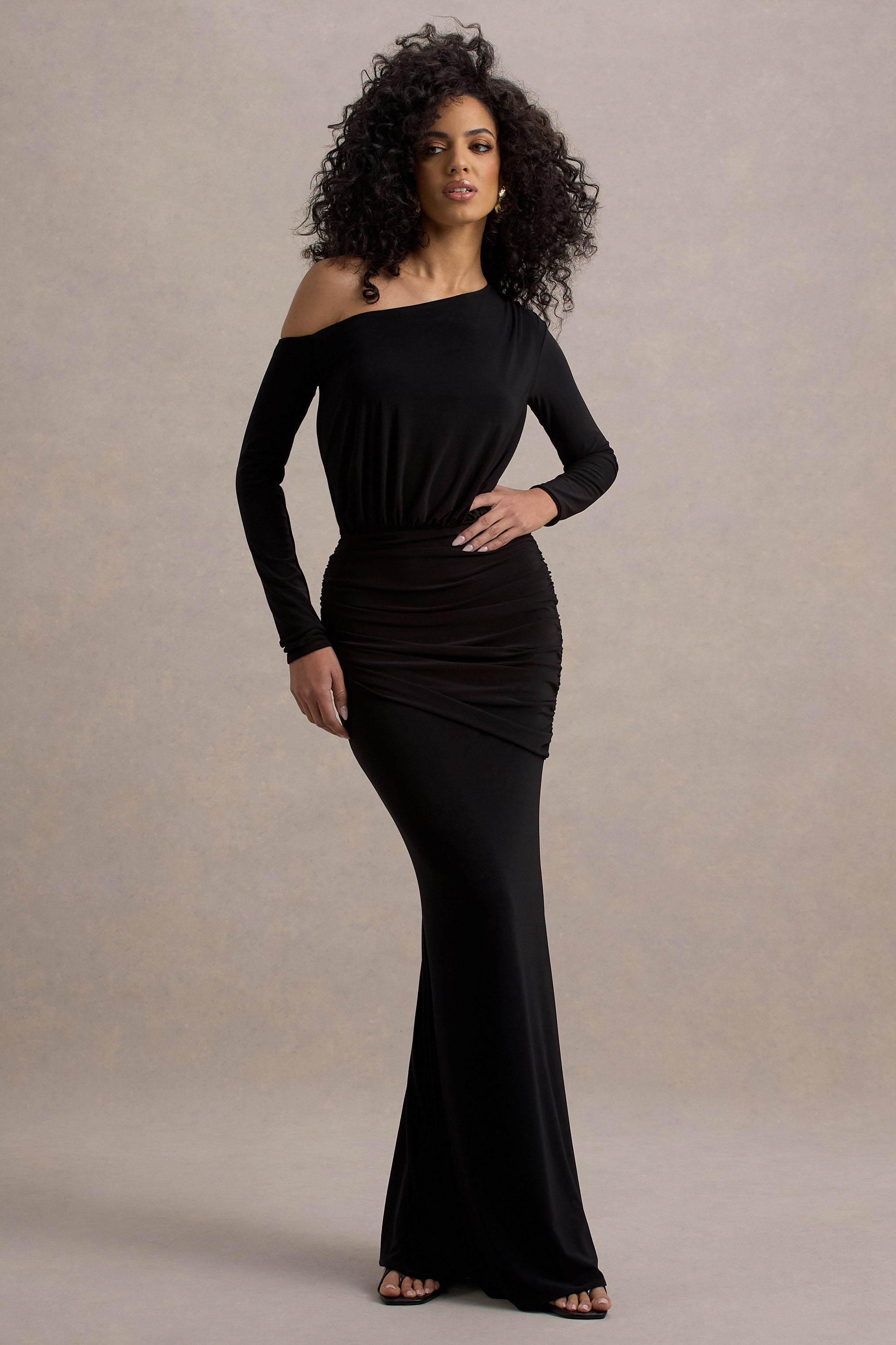Deanna | Black Asymmetric Long-Sleeve Ruched Maxi Dress