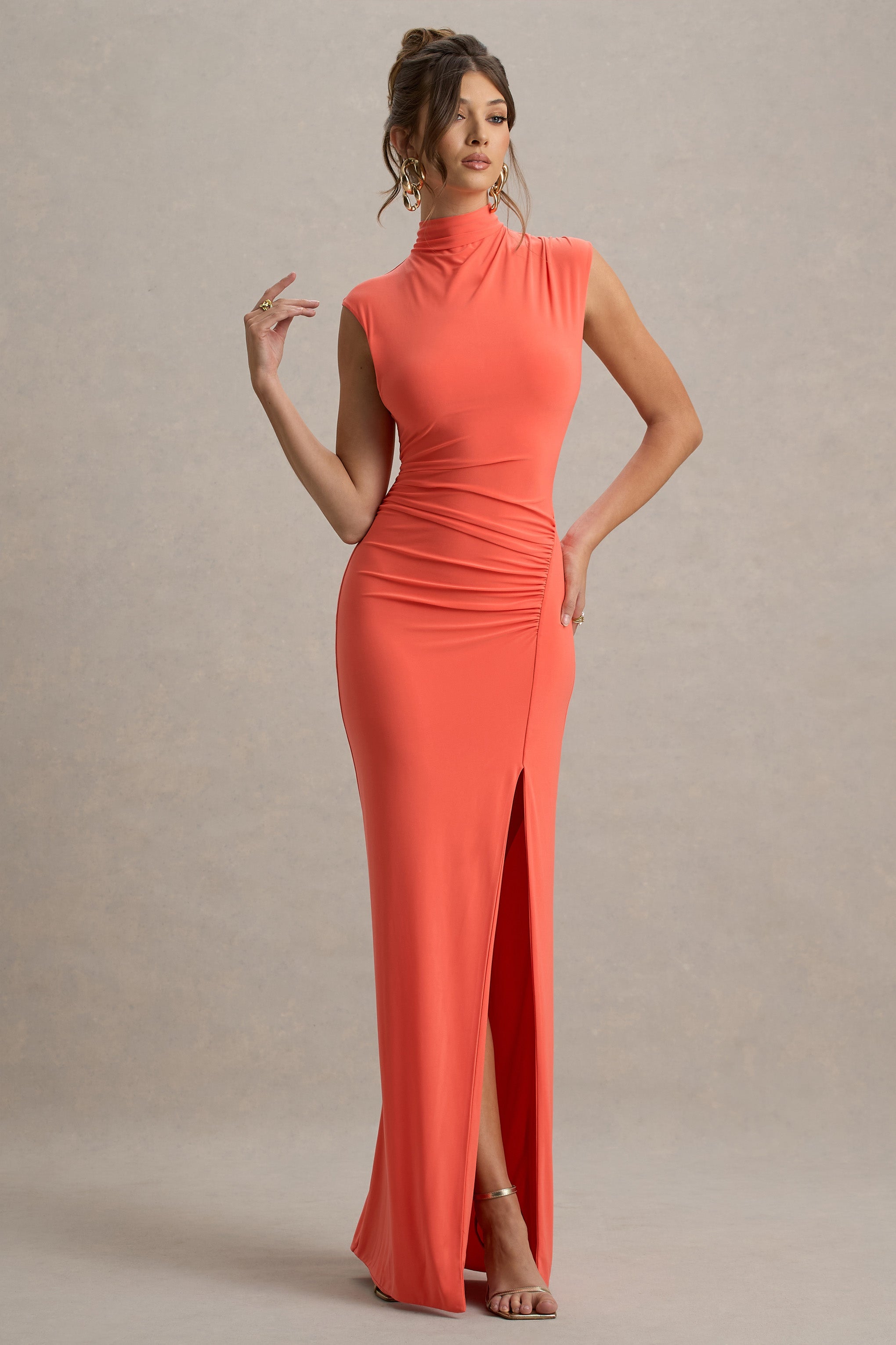 Lanetta | Coral Ruched High-Neck Maxi Dress With Split