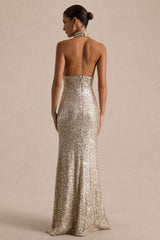 Tulia | Champagne Sequin High-Neck Maxi Dress