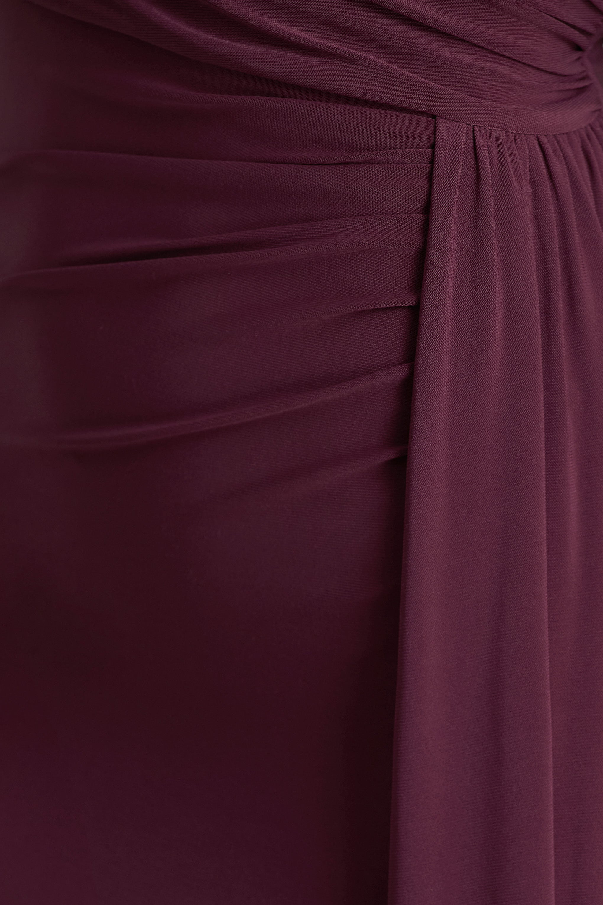 Anticipation | Burgundy High-Neck Maxi Dress With Front Split And Ruched Detailing