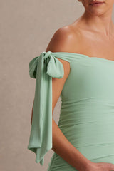 Chandelier | Light Green Bardot Maternity Midi Dress With Bow Details