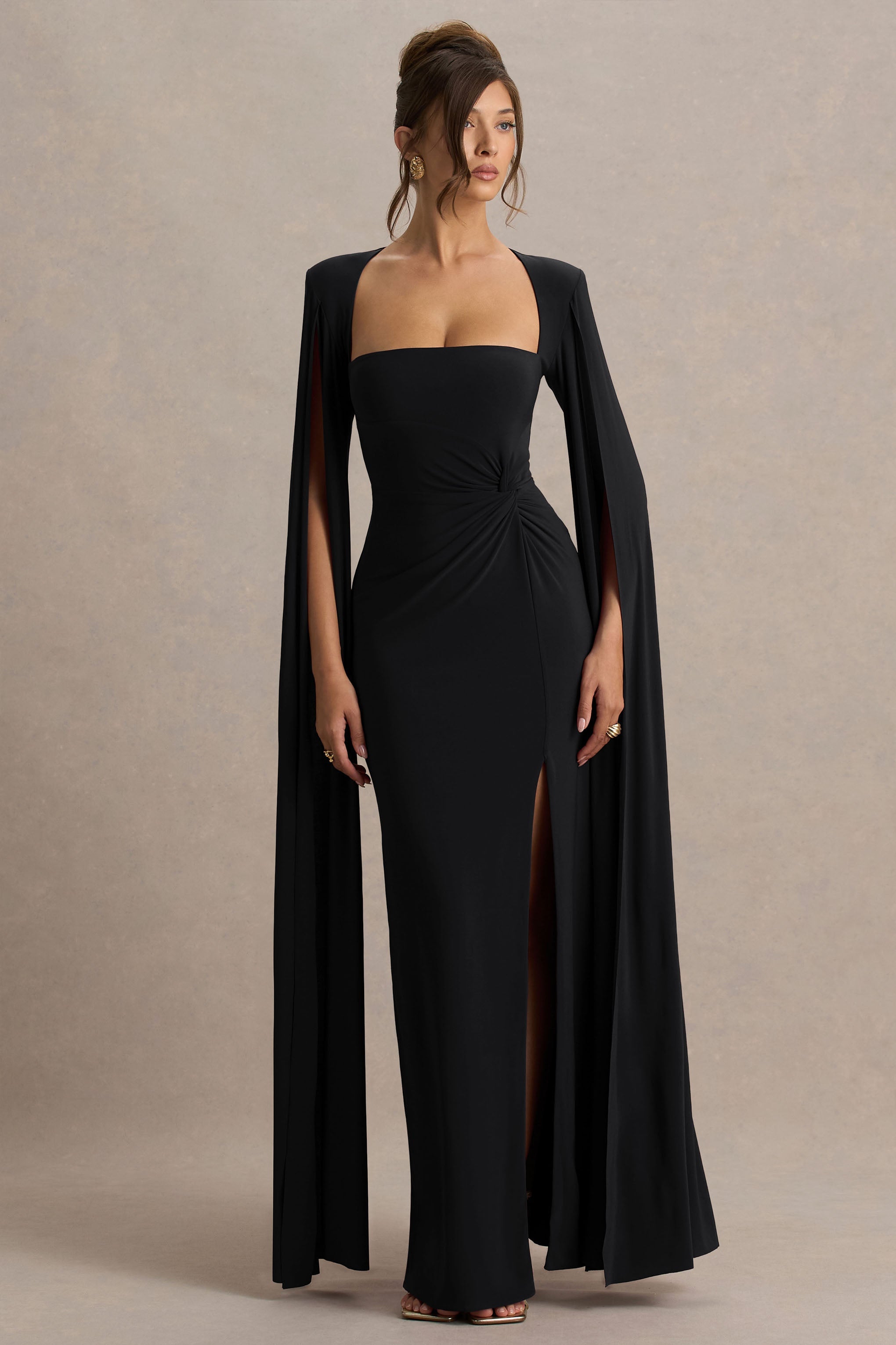 Claretta | Black Square Neck Twisted Maxi Dress With Cape Sleeves