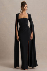Claretta | Black Square Neck Twisted Maxi Dress With Cape Sleeves