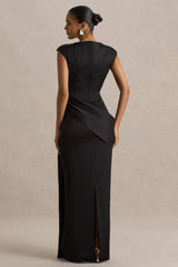 Influence | Black Satin Slashed-Neck Maxi Dress With Embellished Detail And Sash