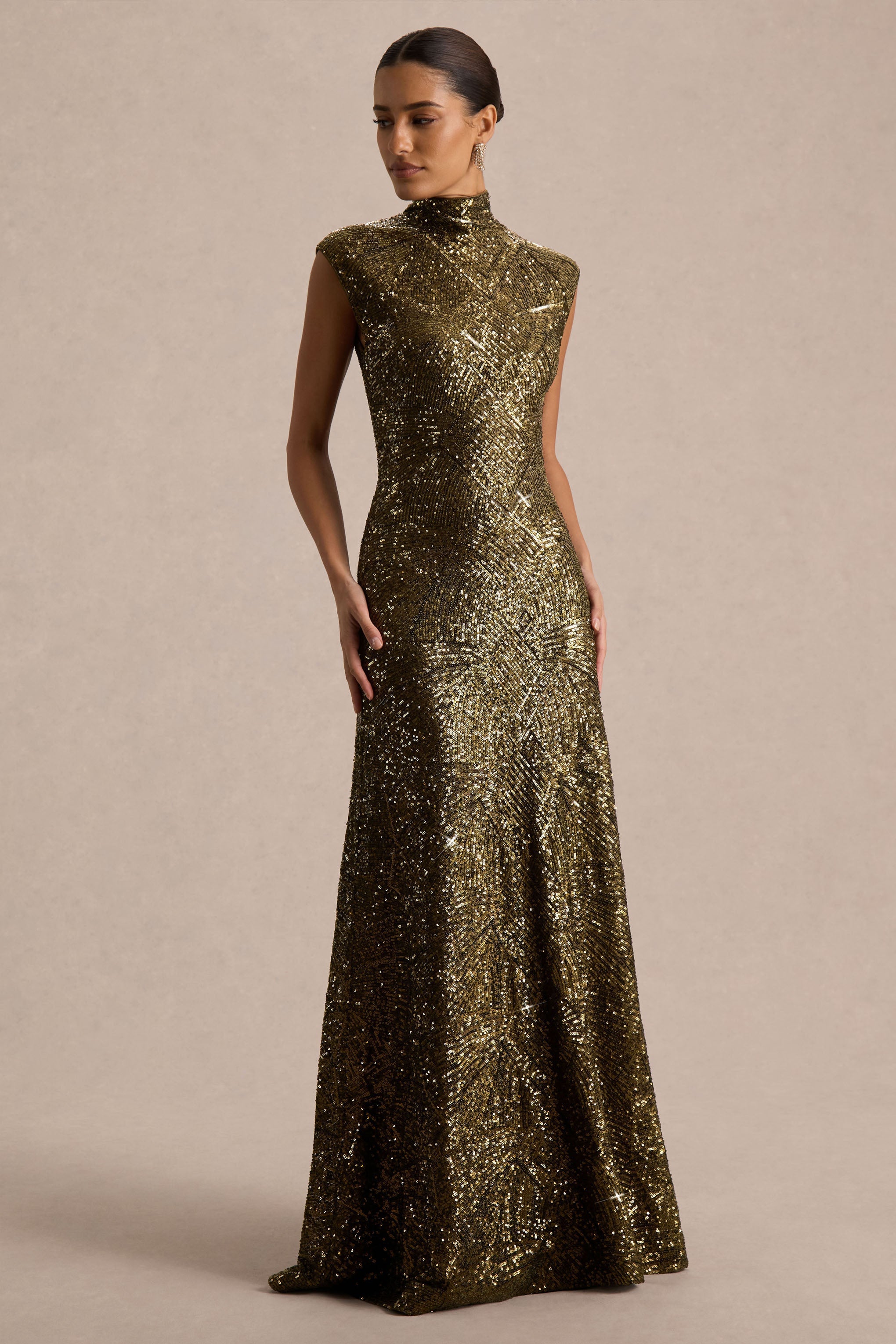 Cecy | Khaki Sequin High-Neck Maxi Dress With Cap Sleeves