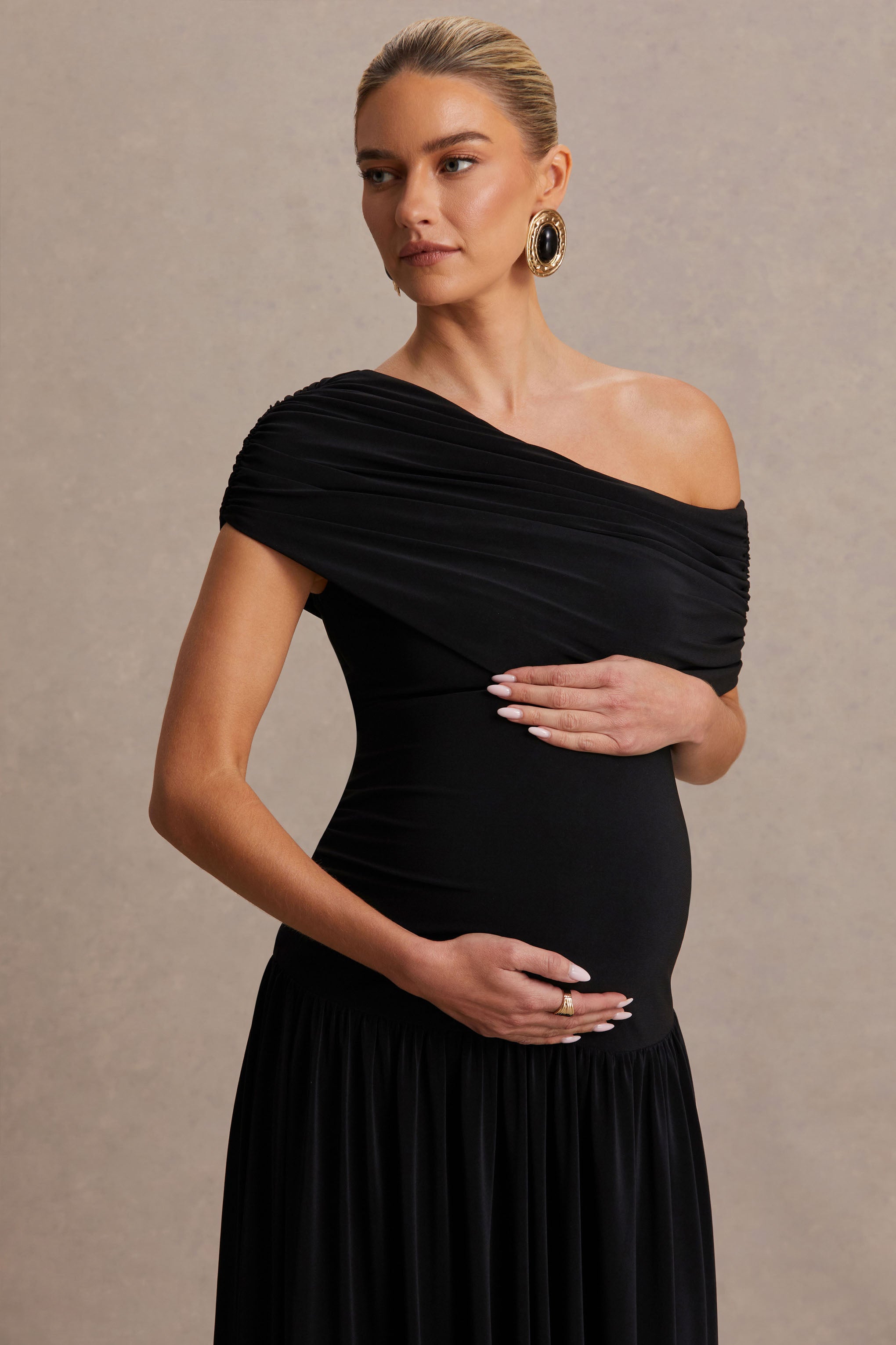 Noah | Black Asymmetric-Neck Maternity Maxi Dress With Drop-Waist