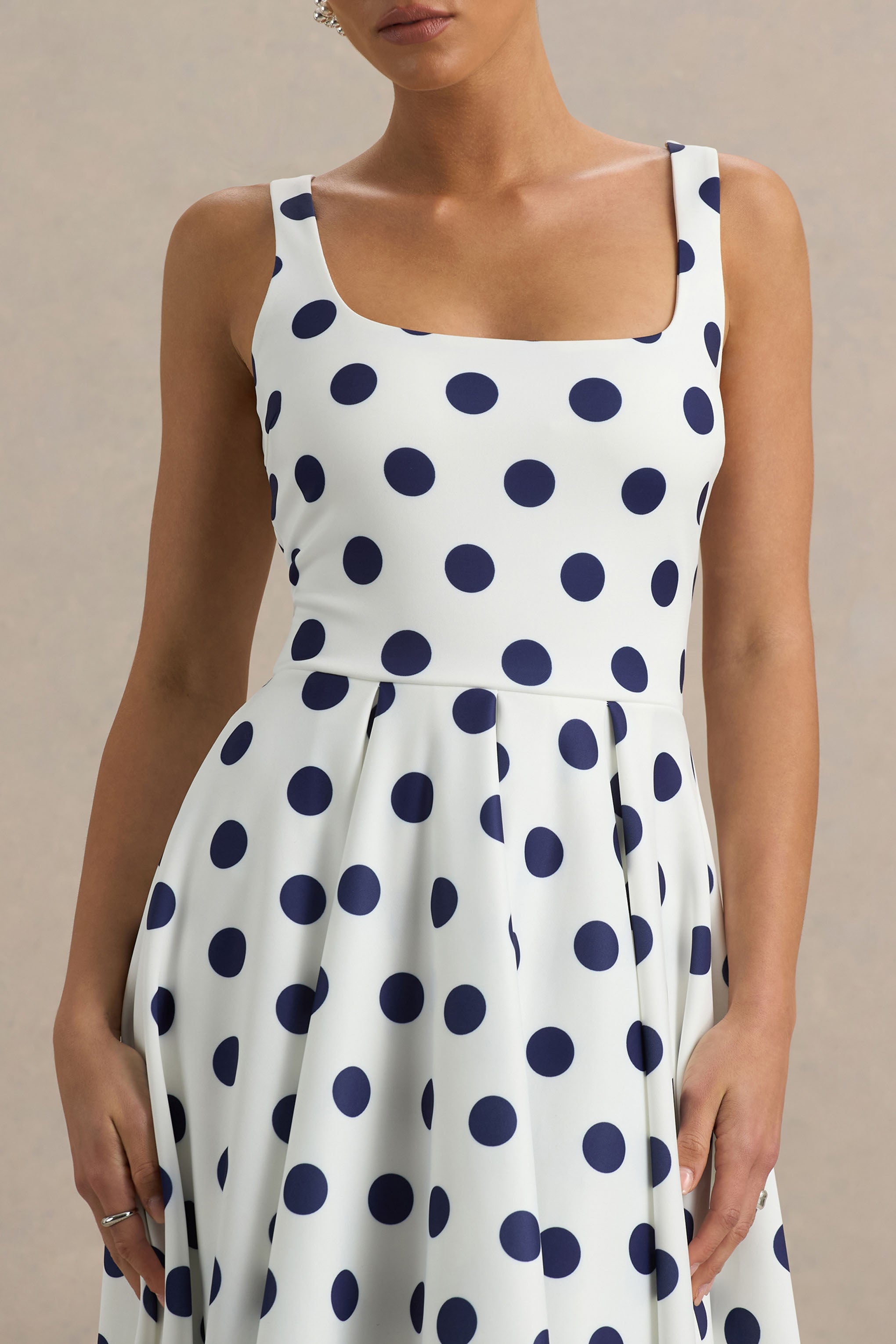 Berta | White And Navy Polka-Dot Square-Neck Midi Dress