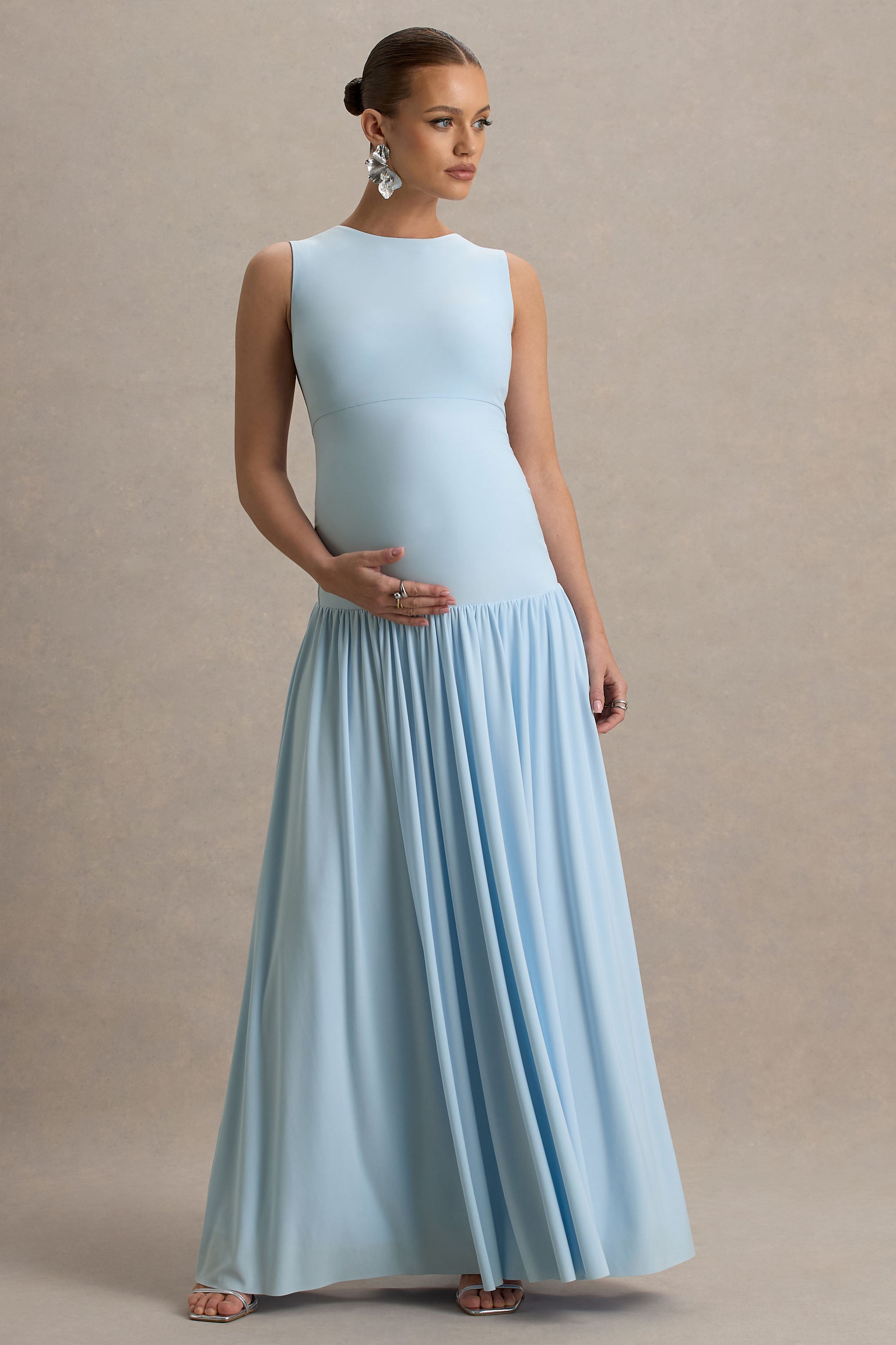 Outline | Powder Blue Crew-Neck Maternity Maxi Dress With Pleated Skirt