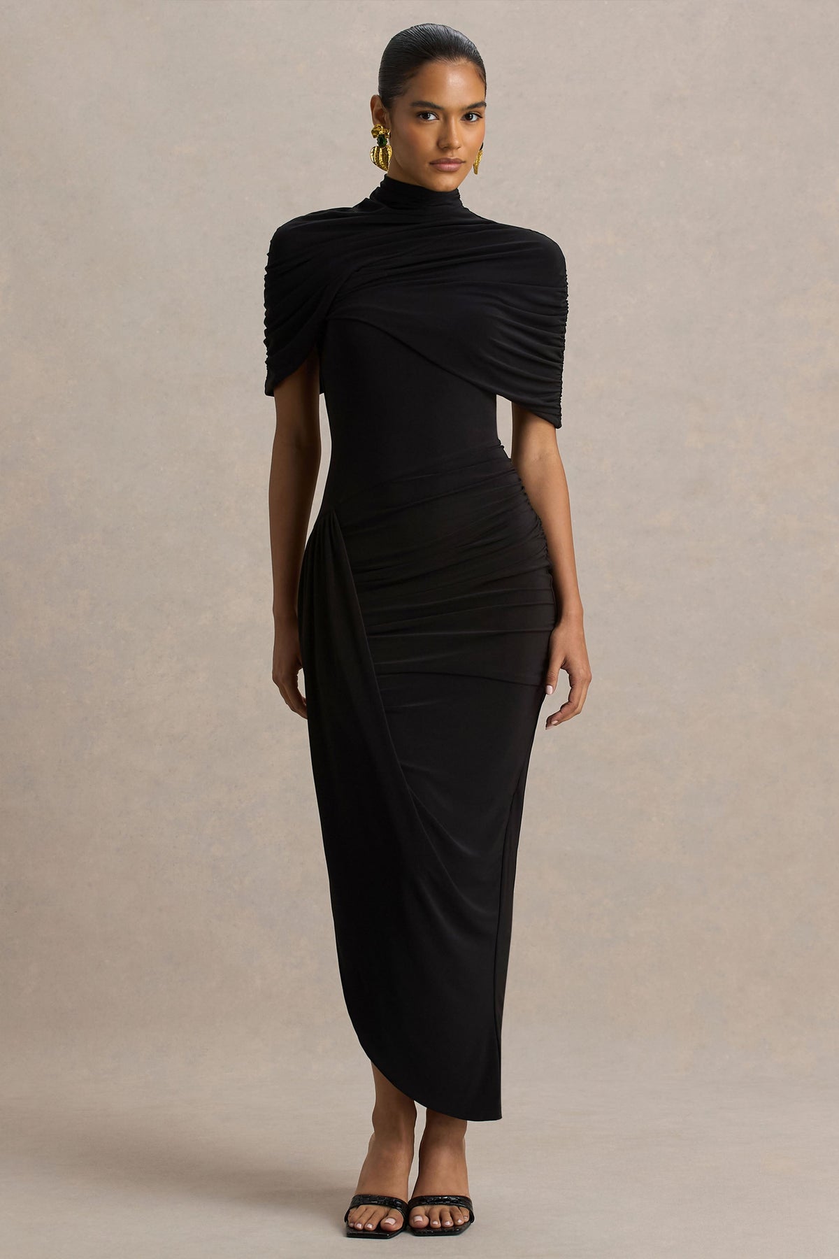 Enchant | Black Asymmetric Twisted Cape Midi Dress