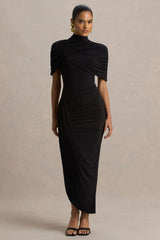 Enchant | Black Asymmetric Twisted Cape Midi Dress