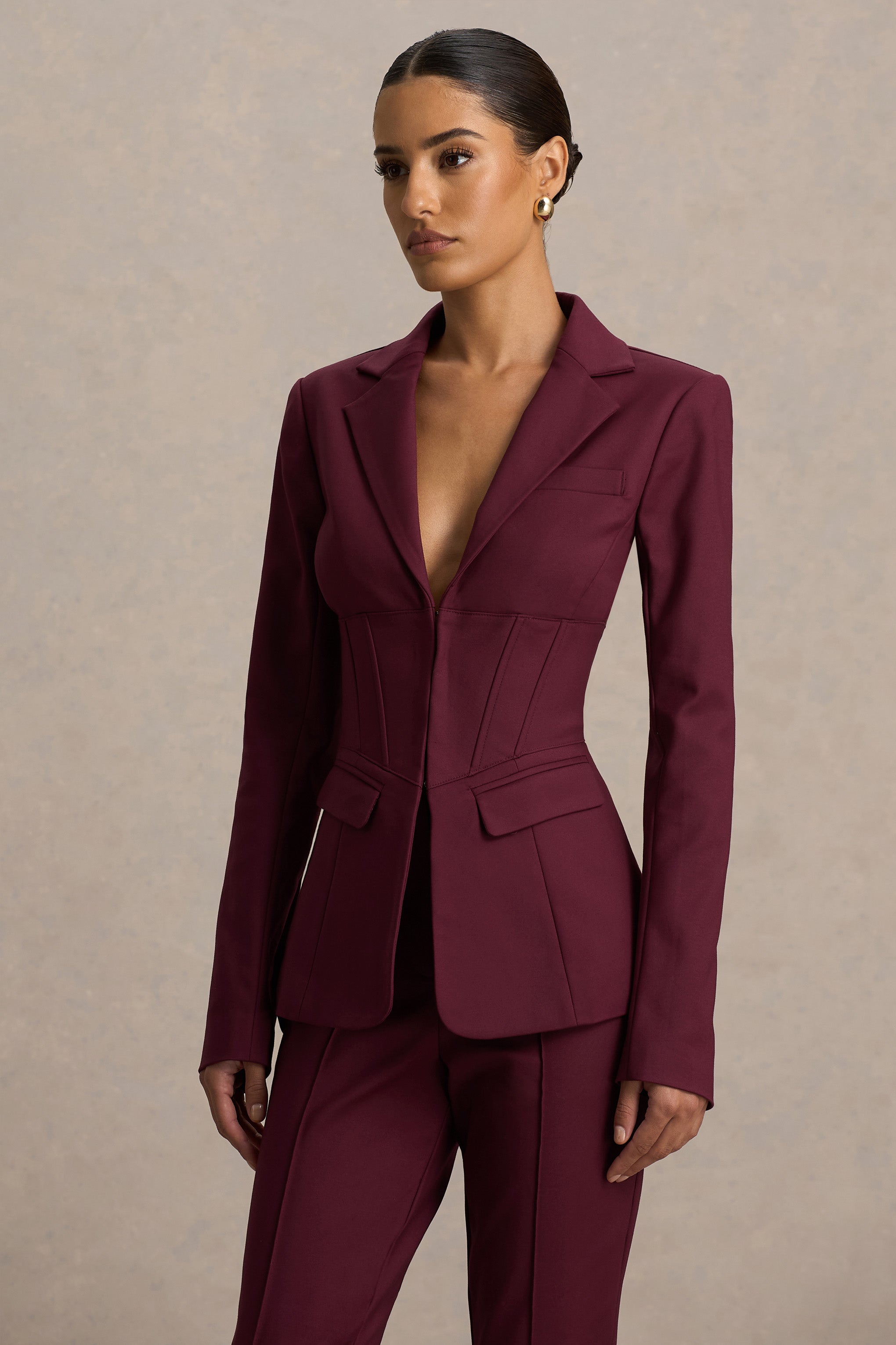 Unbeaten | Burgundy Fitted Corset Blazer Jacket