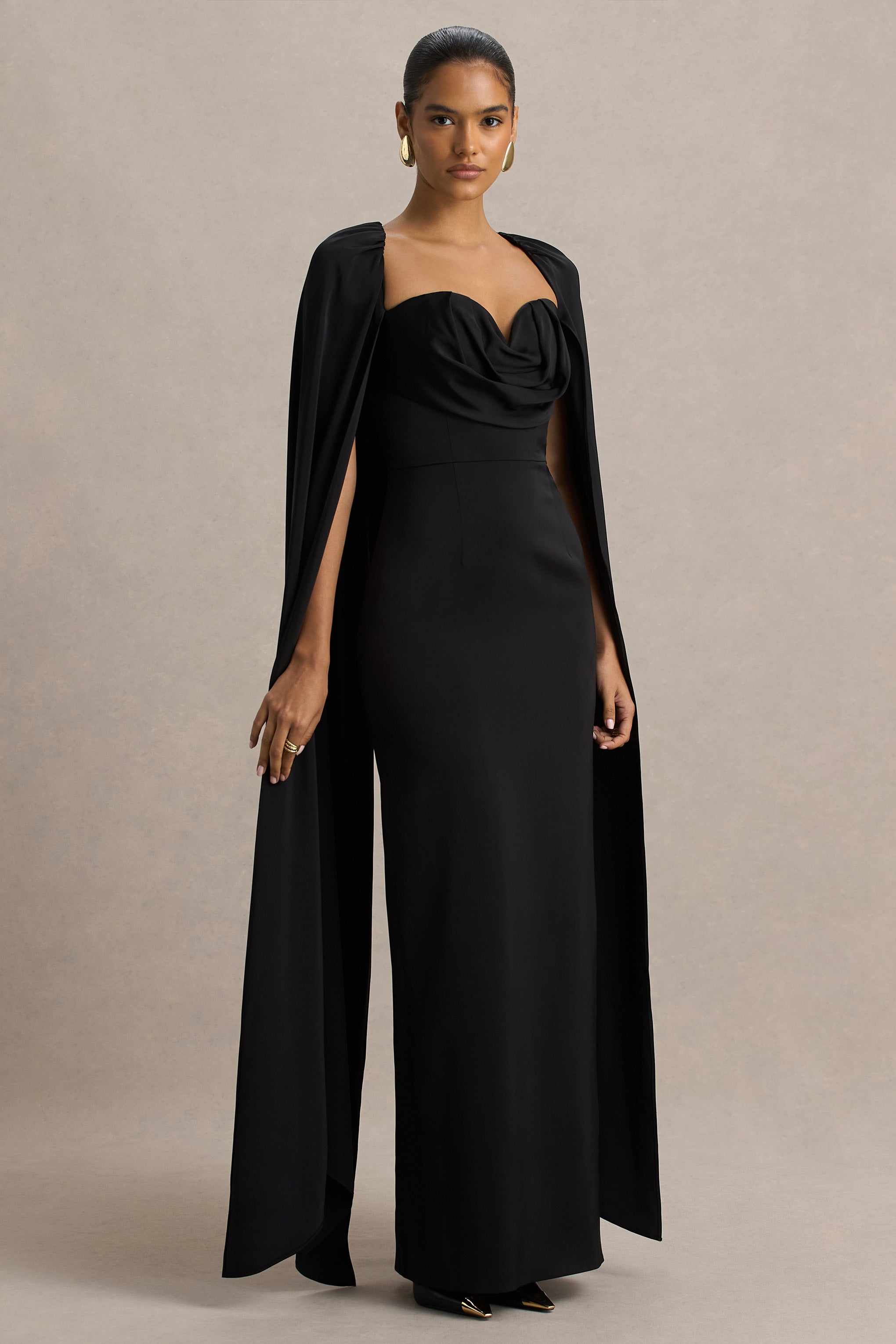 Wren | Black Satin Plunge-Neck Maxi Dress With Cape Sleeves