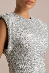 Aurah | Silver Sequin Crew-Neck Maxi Dress With Cap Sleeves