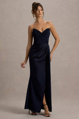 Edel | Navy Satin Strapless Maxi Dress With Drape