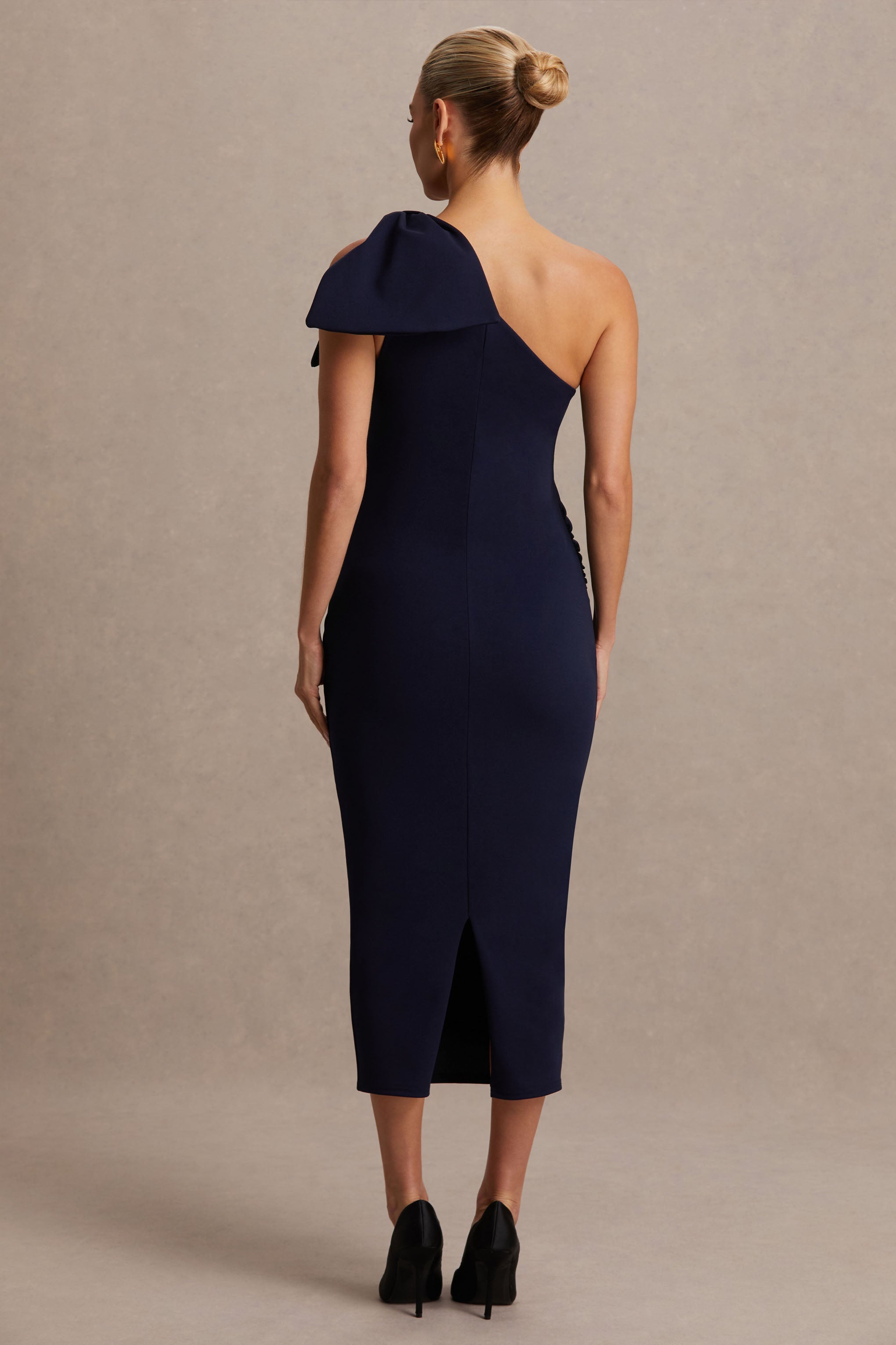 Adorn | Navy Asymmetric Maternity Midi Dress With Shoulder Bow Detail