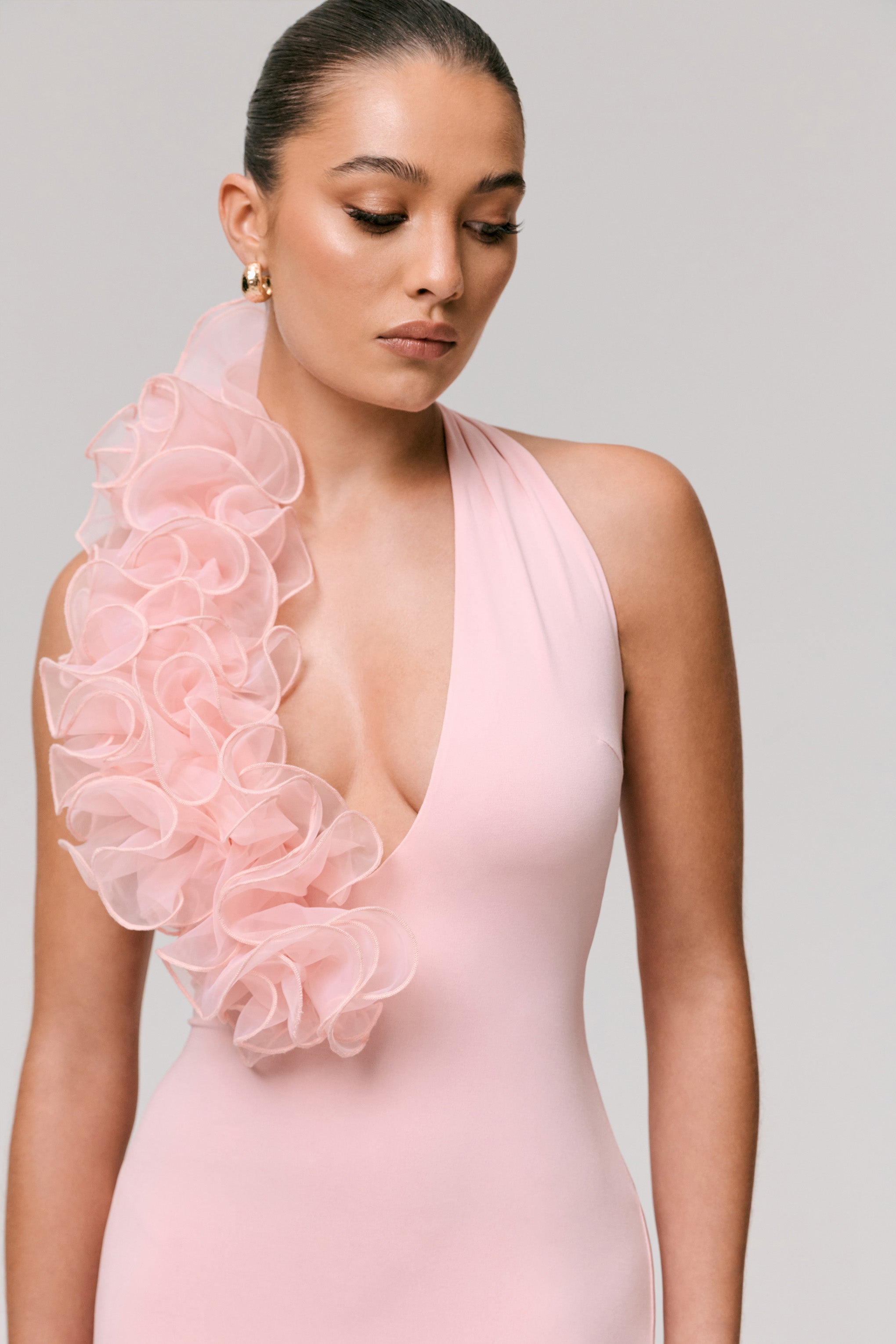 Harriet | Pink Plunge-Neck Maxi Dress With Floral Detail