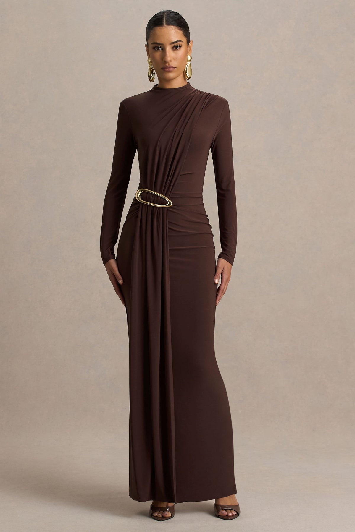 Zadie | Brown High-Neck Maxi Dress With Gathered-Detail