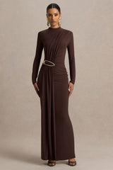 Zadie | Brown High-Neck Maxi Dress With Gathered-Detail