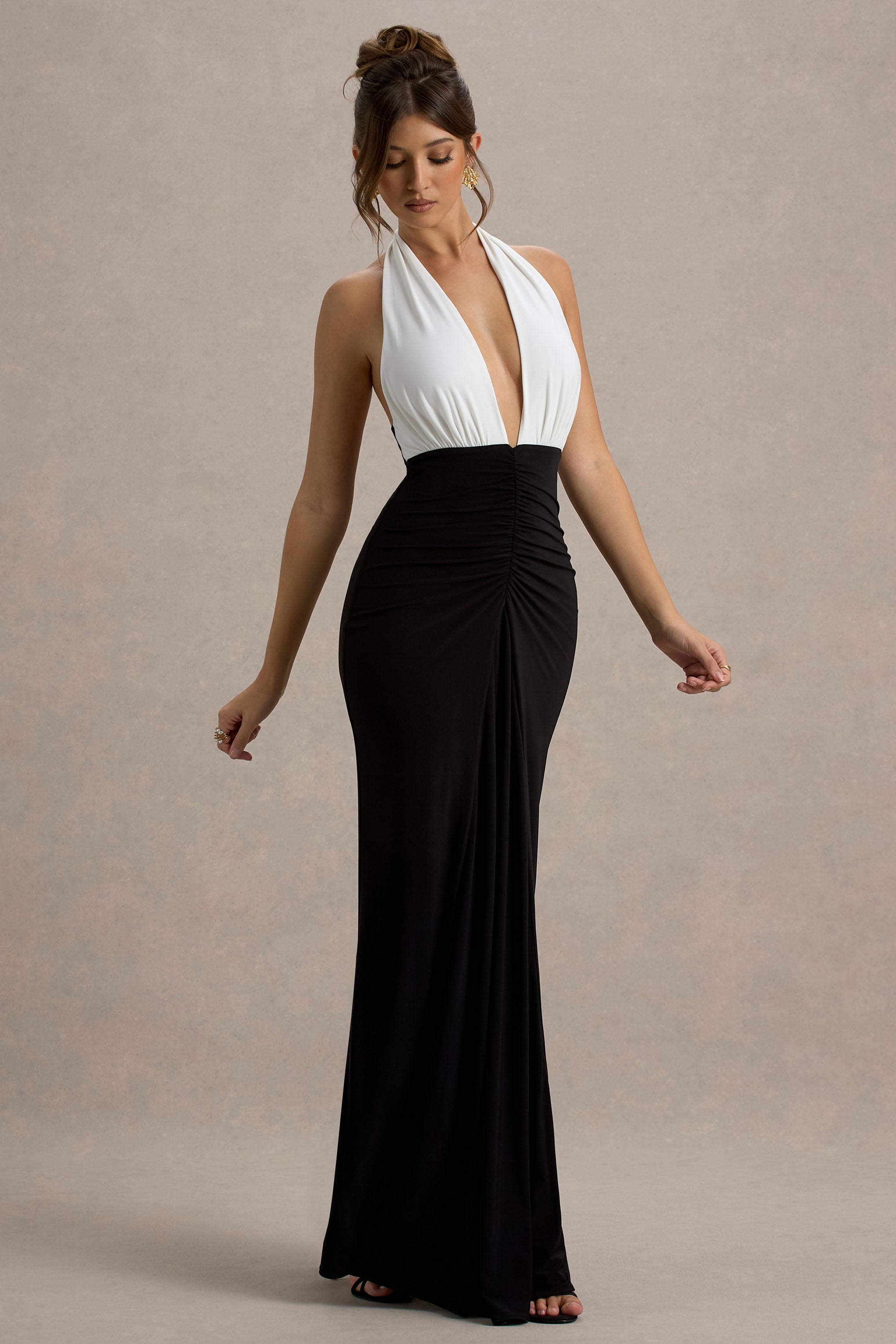Payton | Black & White Ruched Halter-Neck Maxi Dress