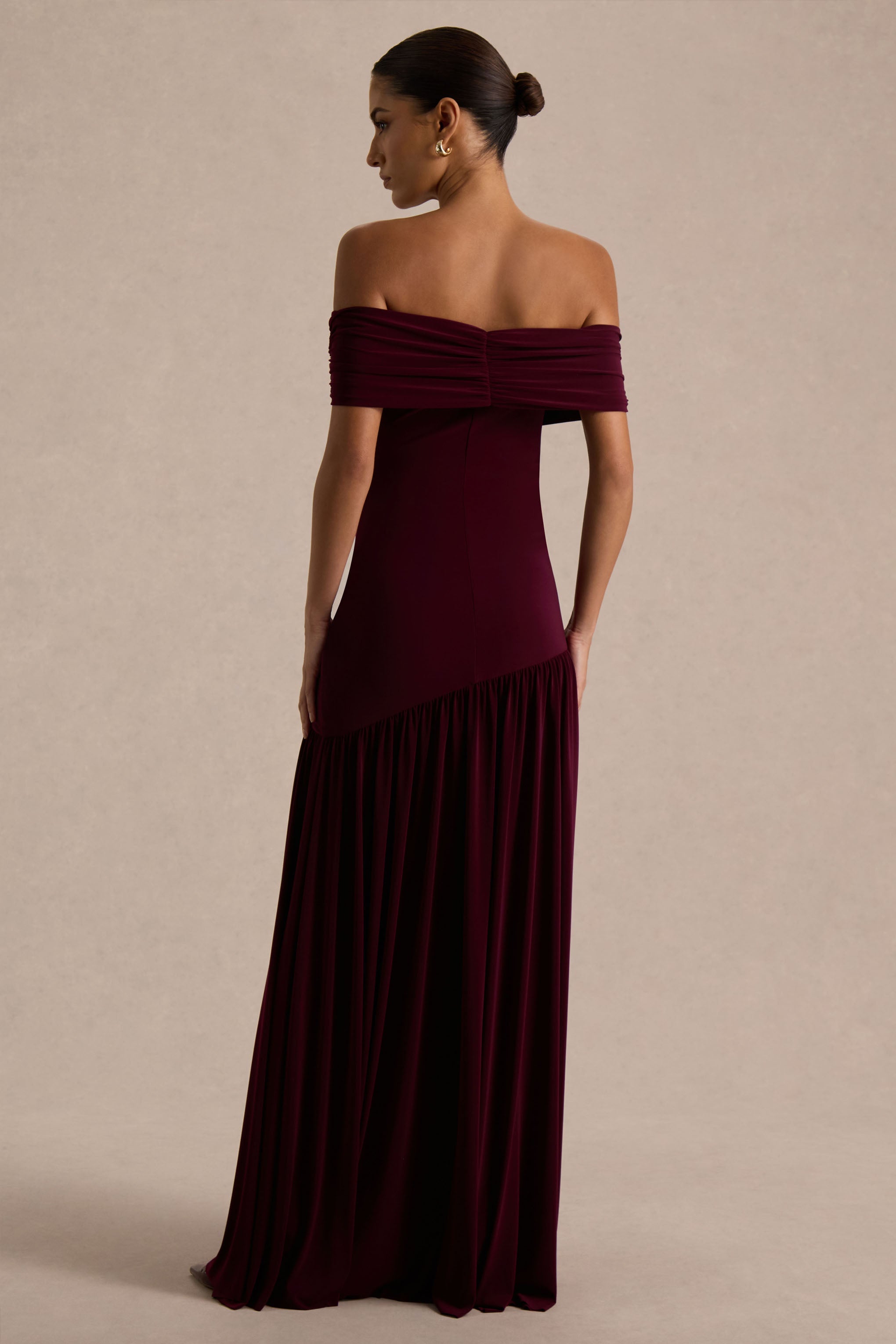 Venezia | Burgundy Bardot Maxi Dress With Drop-Waist