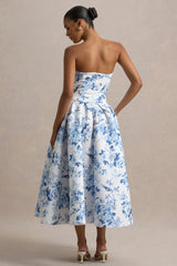 Alaina | Blue Porcelain Print Bandeau Midi Dress With Volume Skirt