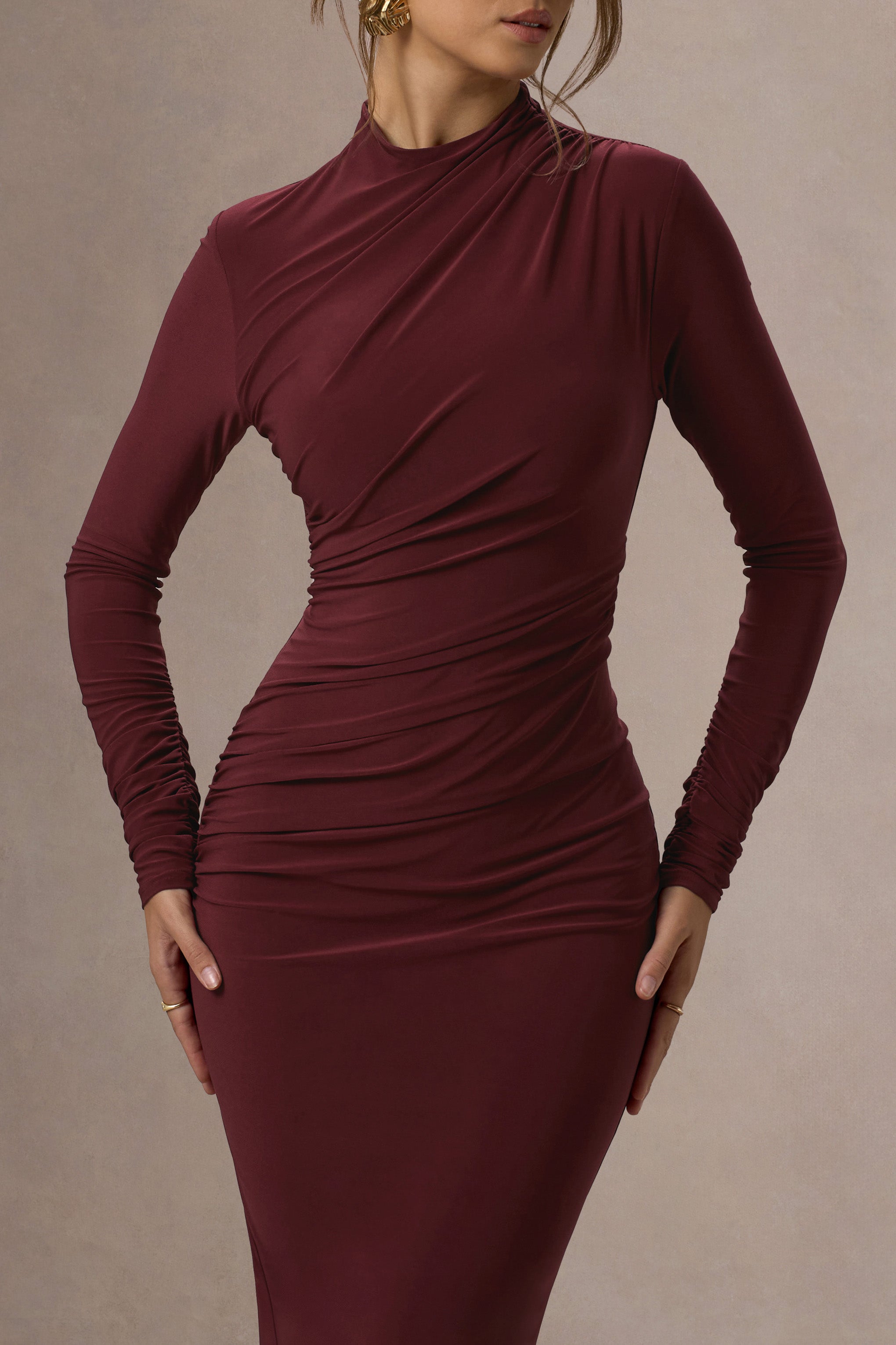 Hespera | Port High-Neck Long-Sleeve Gathered Maxi Dress
