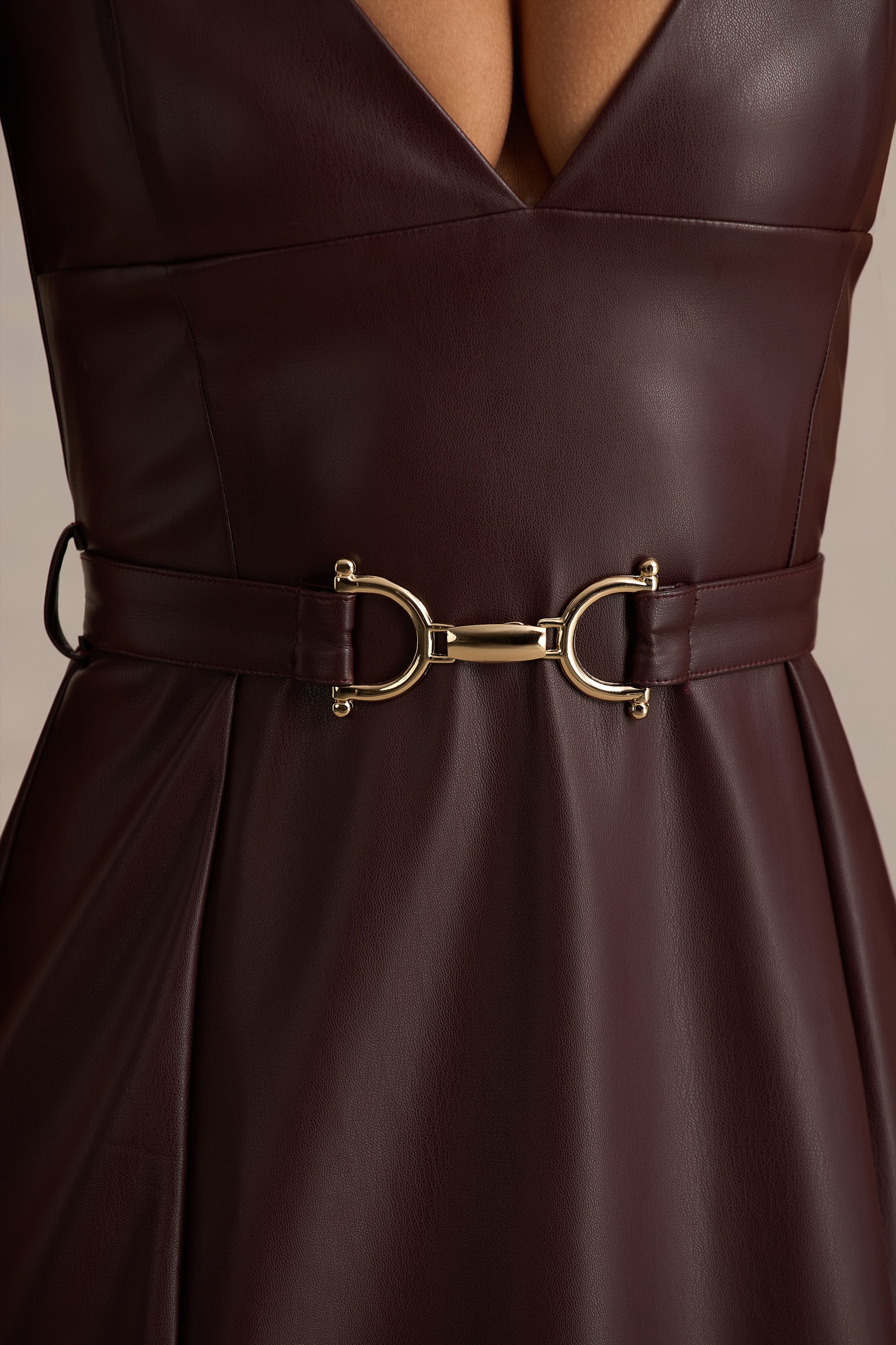 Lila | Burgundy Faux Leather Plunge-Neck Maxi Dress With Split