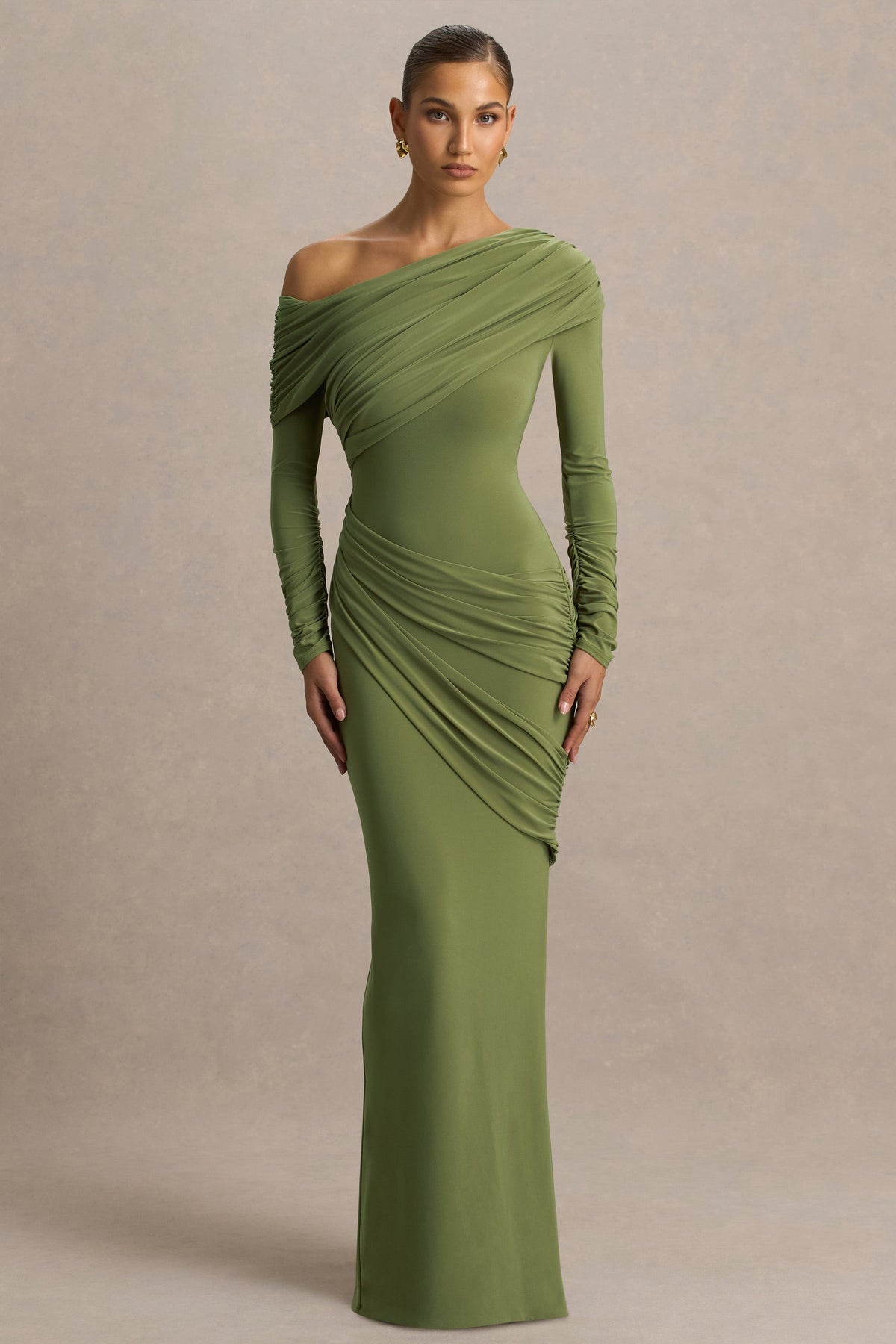 Perrie | Olive Asymmetric-Neck Maxi Dress With Ruched Detailing