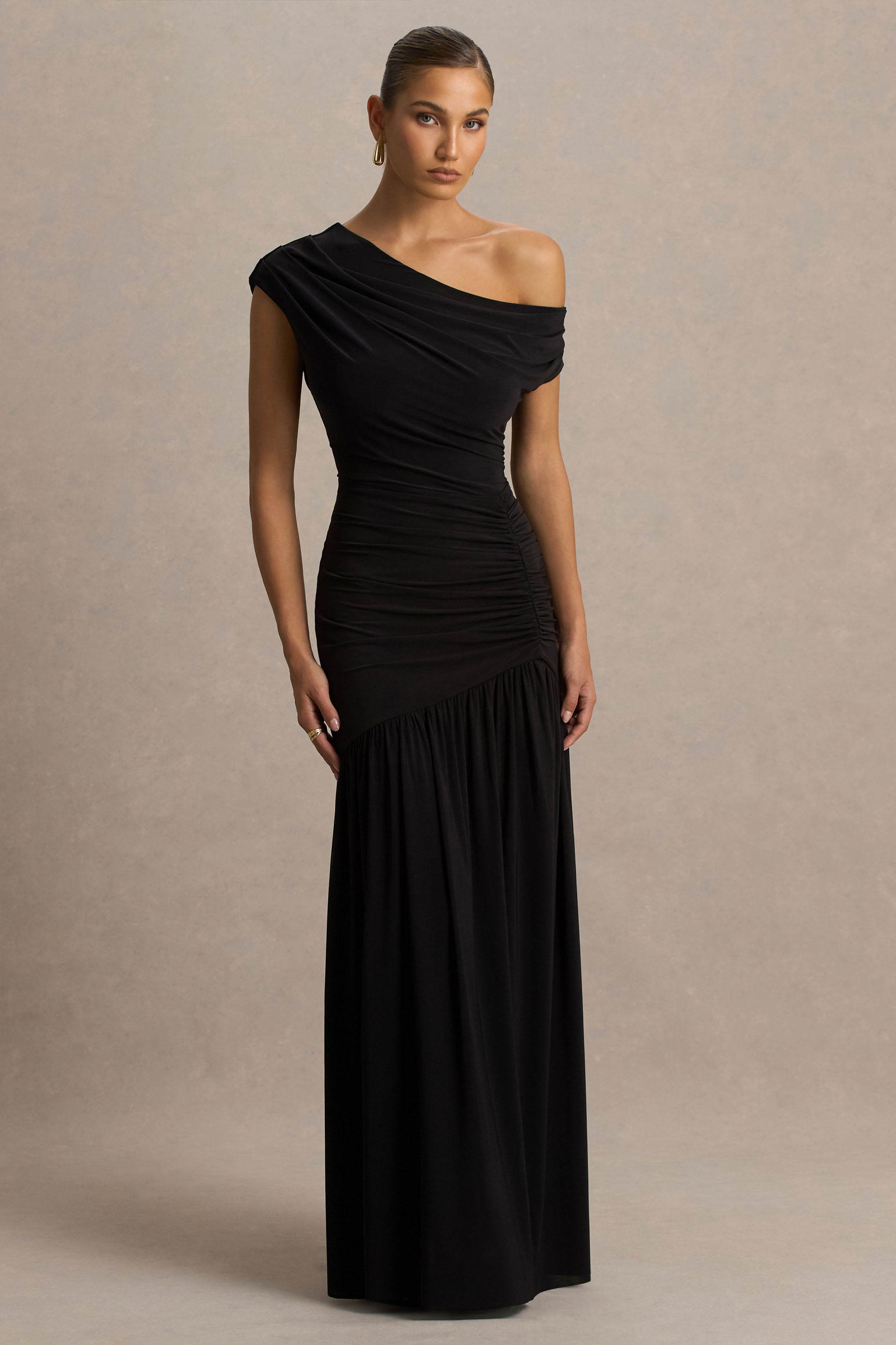 Kady | Black Asymmetric-Neck Maxi Dress With Ruched Detailing and Front-High Split