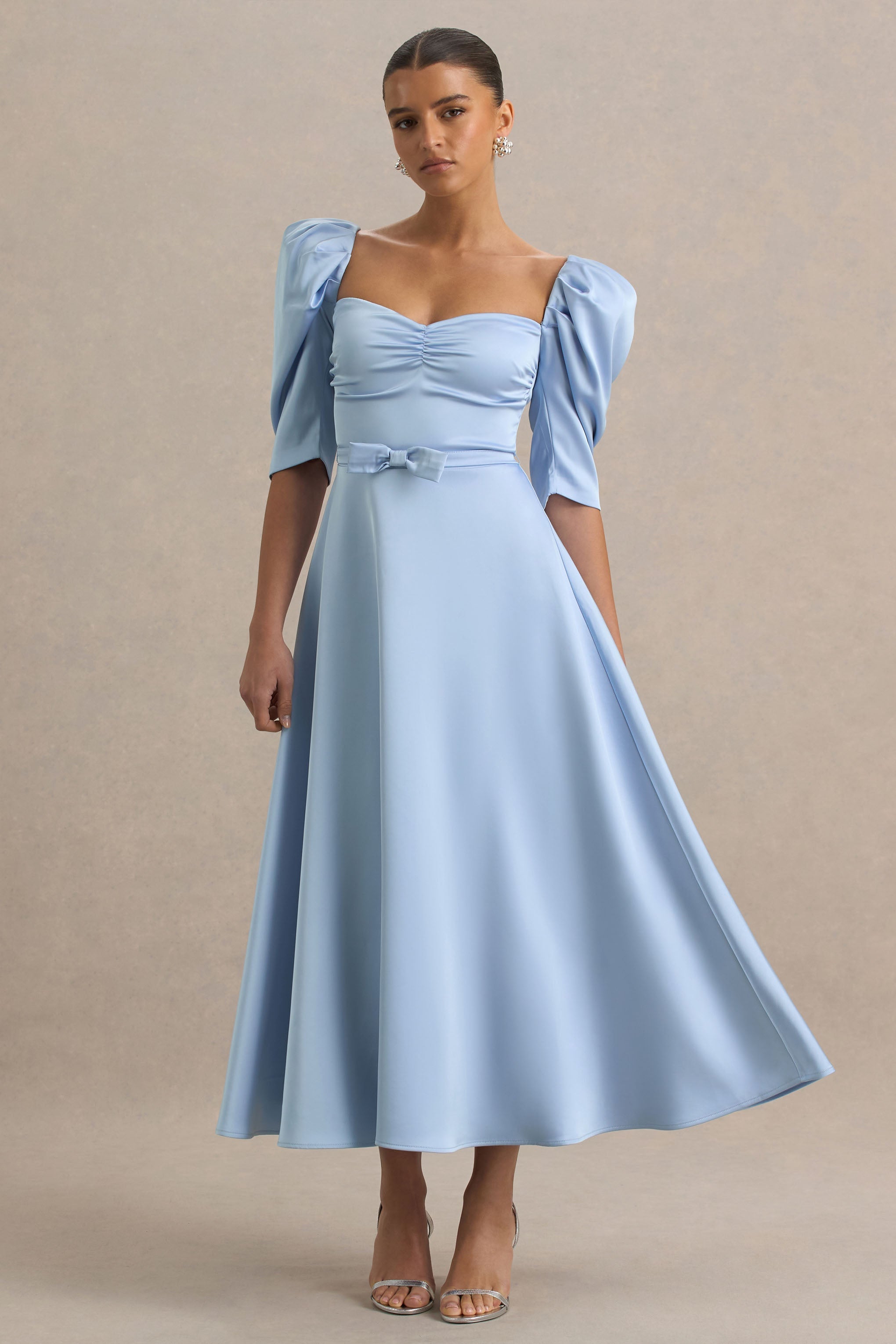Rosey | Powder Blue Satin Sweetheart Midi Dress
