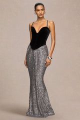 Aeris | Black Velvet And Silver Sequin Plunge-Neck Maxi Dress