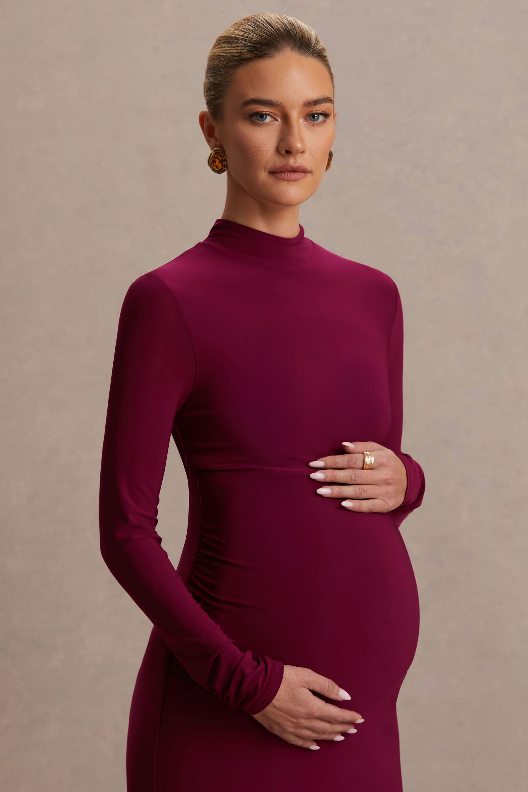 Alejandra | Burgundy Maternity Long Sleeve High Neck Maxi Dress
